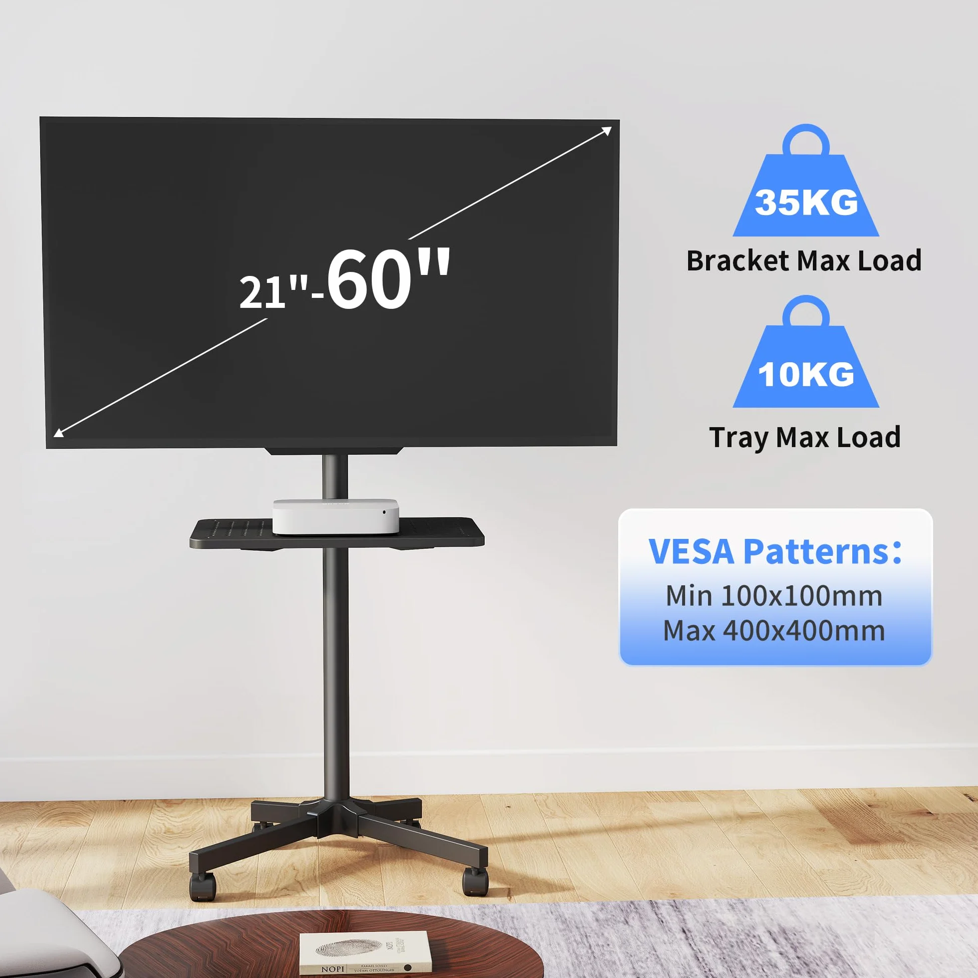 XINLEI Mobilny stojak na telewizor na kółkach z bardzo dużą półką, przenośny wózek na telewizor do płaskich zakrzywionych telewizorów 53.3-152.4 cm do 35 kg, z regulacją wysokości, wysoki stojak na
