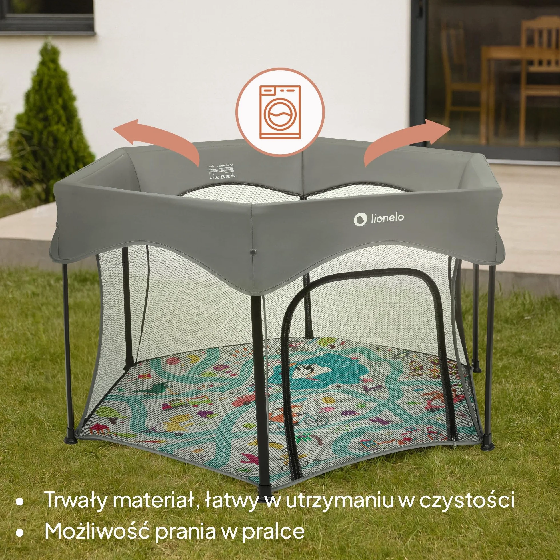Lionelo Roel Plus Duży Kojec Dziecięcy z Siatką, Składany i Przenośny, Wejście Boczne na Zamek, Blokada LockGuard, Zaokrąglone Krawędzie, Miękkie Dno, Torba, Średnica 134 cm, 6–36 mies., do 15 kg