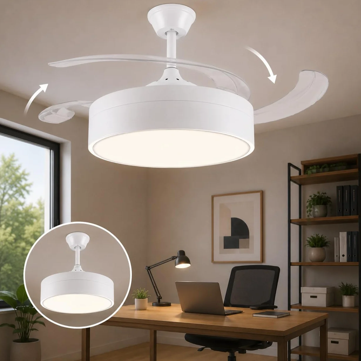 M mimotec - Wentylator sufitowy z oświetleniem LED Messe 72W, biały, pilot zdalnego sterowania, niskie zużycie energii, silnik prądu stałego, 6 prędkości, cichy, 4 rozkładane łopatki, funkcja