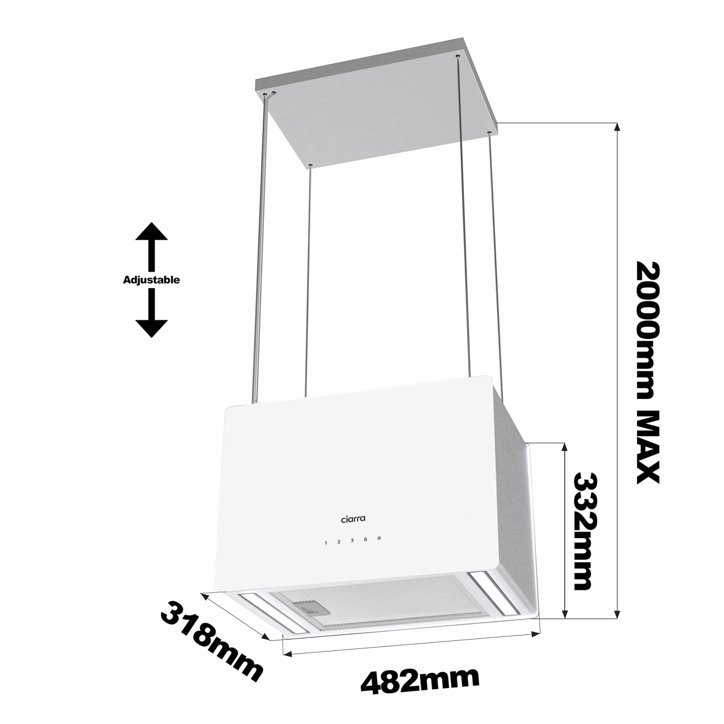 CIARRA CBCS4850 wyspowy okap kominowy klasa A++ 48cm 700m³/h WiFi & Touch Control Filtr węglowy w zestawie 4 prędkości 2 światła LED Biały