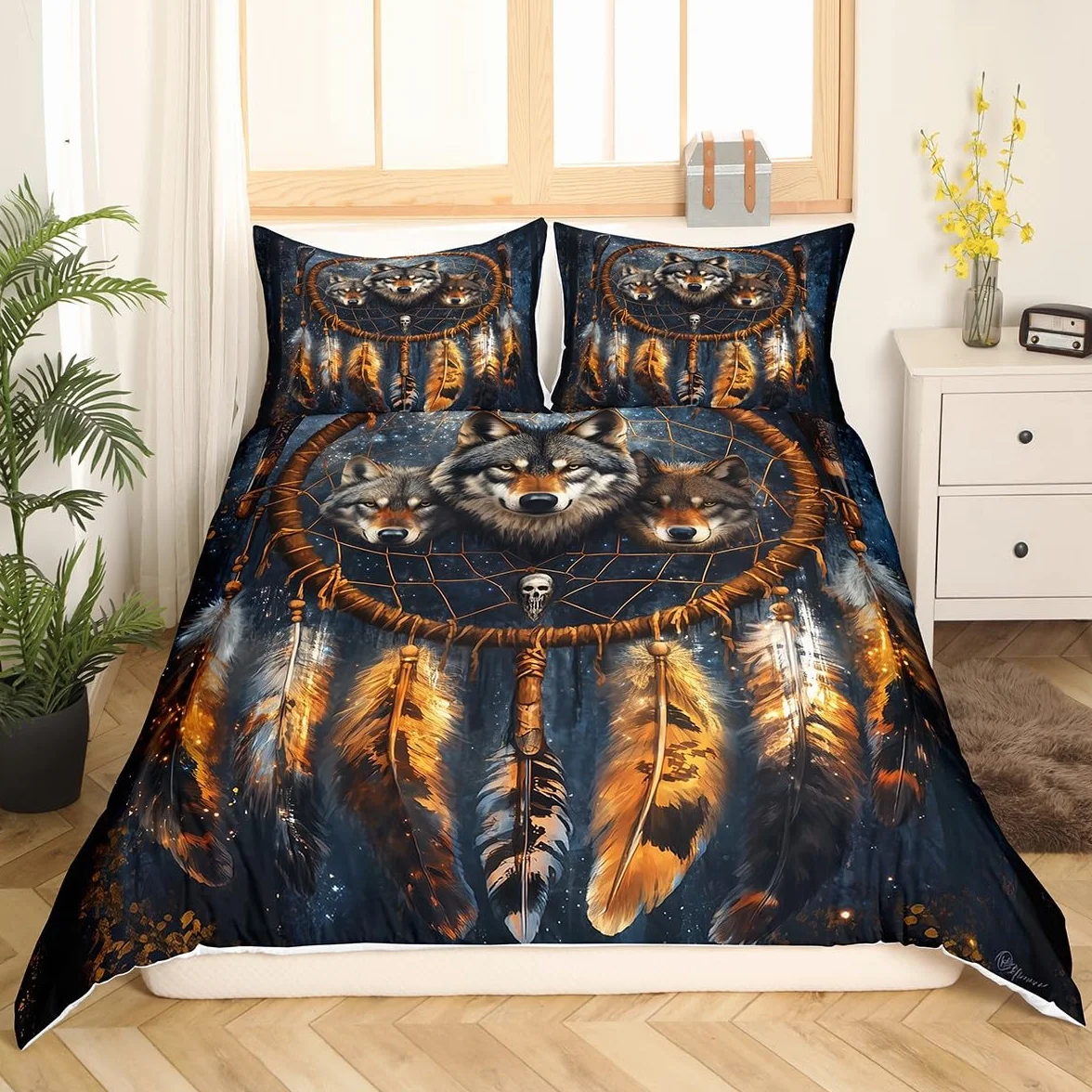 Homewish Poszewka na kołdrę z wilkiem, łapacze snów, zestaw pościeli, pióro w stylu boho, super king, poszewka na kołdrę dla dzieci, mężczyzn, egzotyczne zwierzęta plemienne, dzikie łóżko