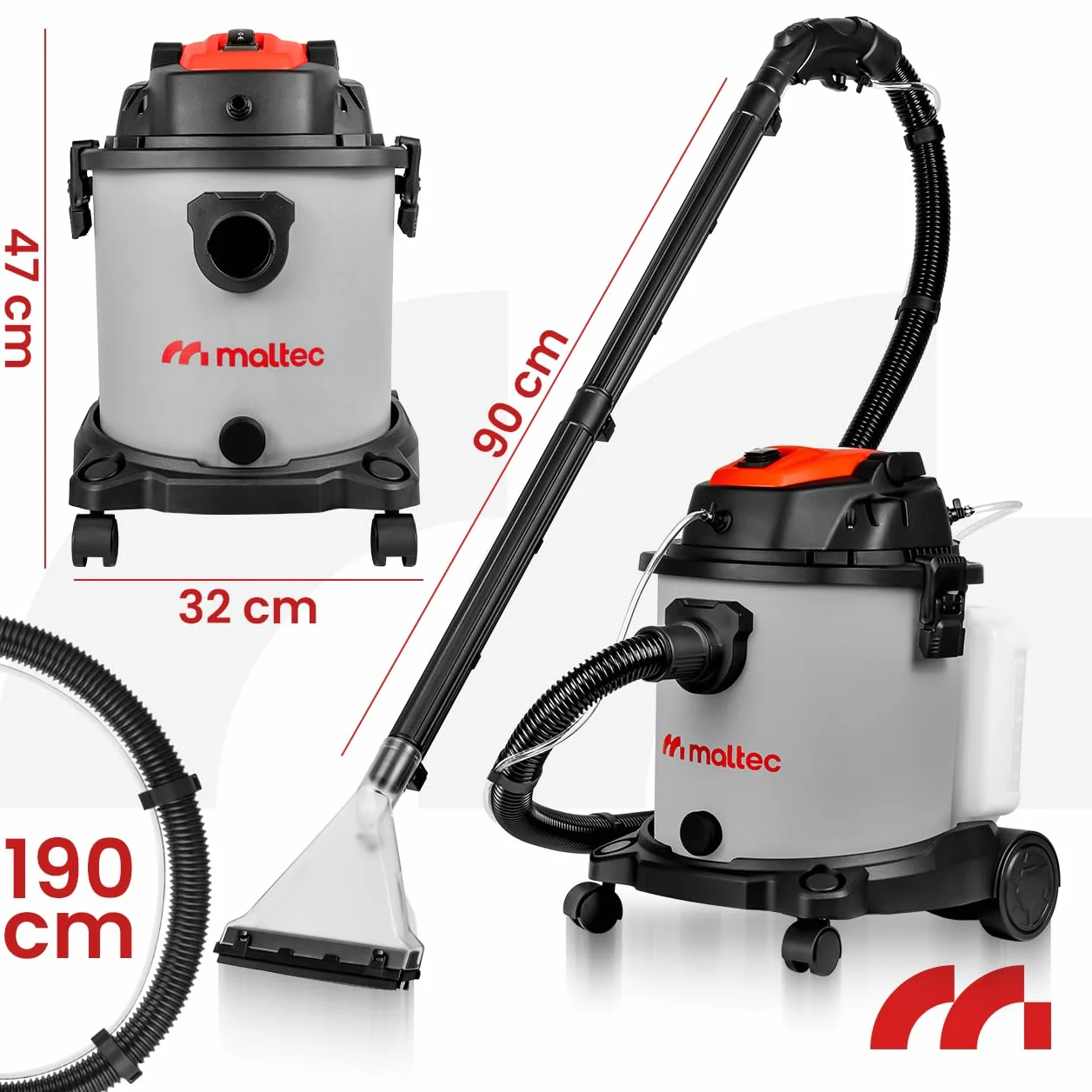 MalTec MasterWash odkurzacz do czyszczenia dywanów, 2200 W, szary, ze zbiornikiem o pojemności 20 litrów