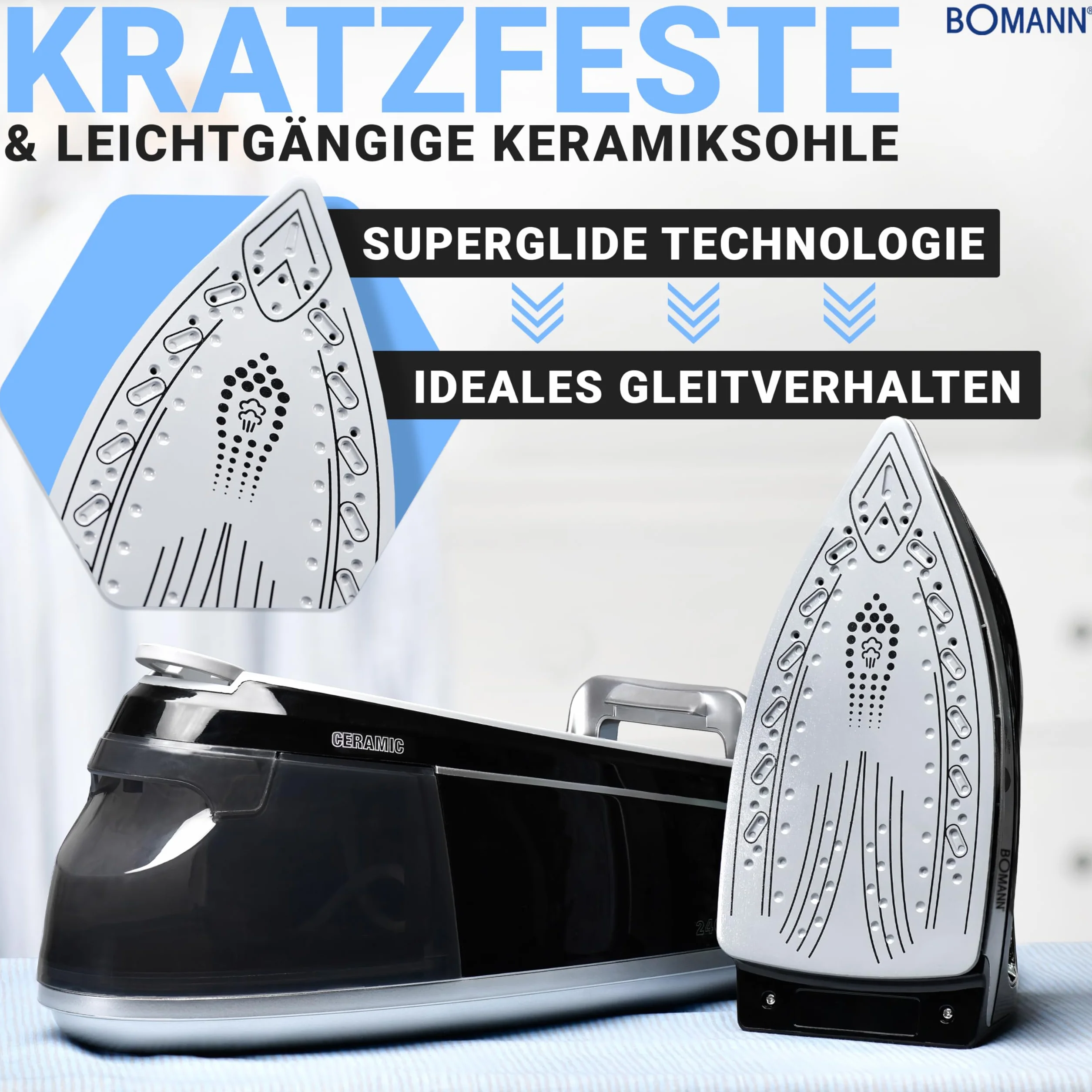 Bomann, DBS6034CB, czarny generator pary z ceramiczną płytką soleplate, poziomą i pionową funkcją parową