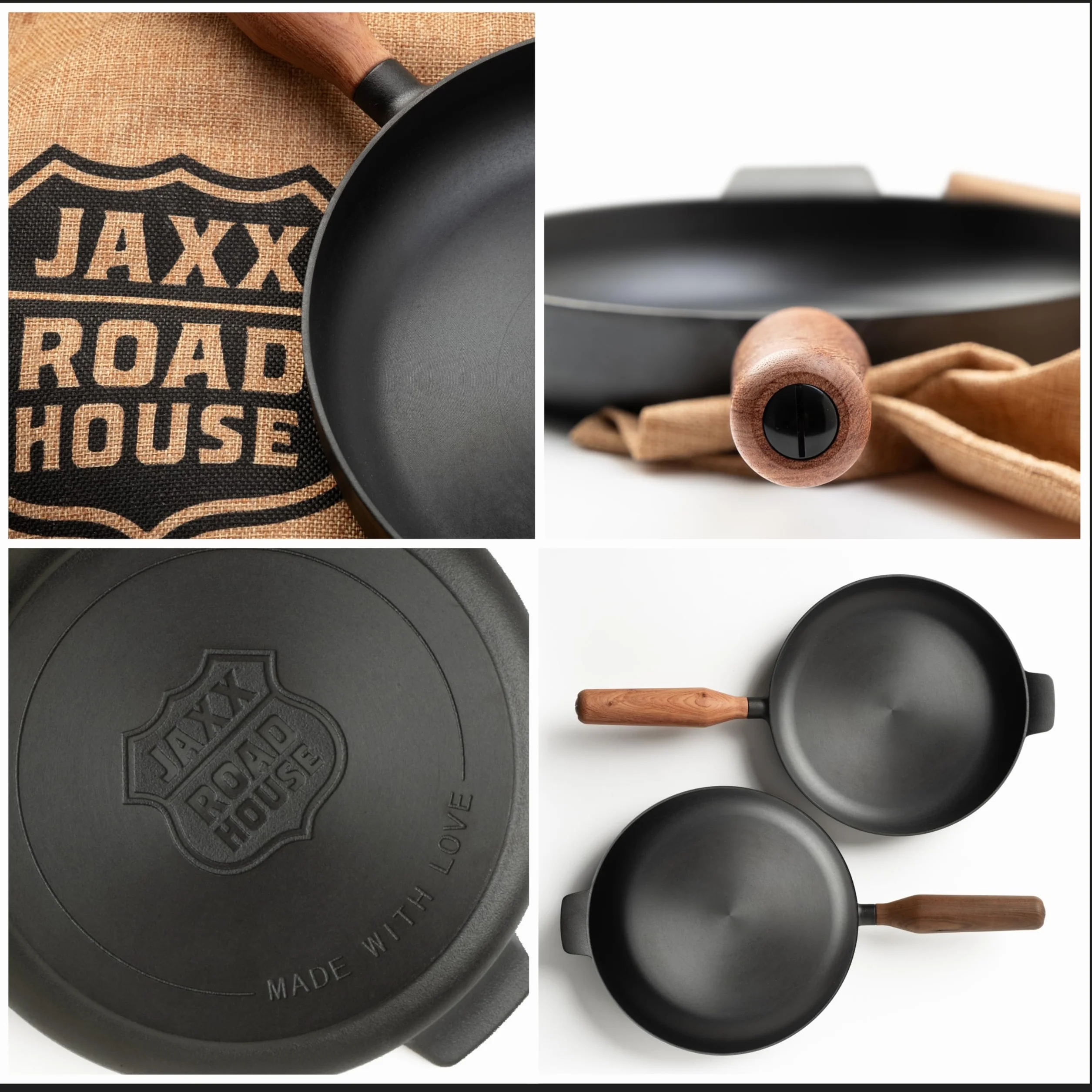 JAXX ROADHOUSE Die Patelnia do smażenia – doskonała premium żeliwna patelnia indukcyjna 26 cm, ręcznie wykonany drewniany uchwyt, wszystkie rodzaje kuchenek, wstępnie wypalana (drewno orzechowe)