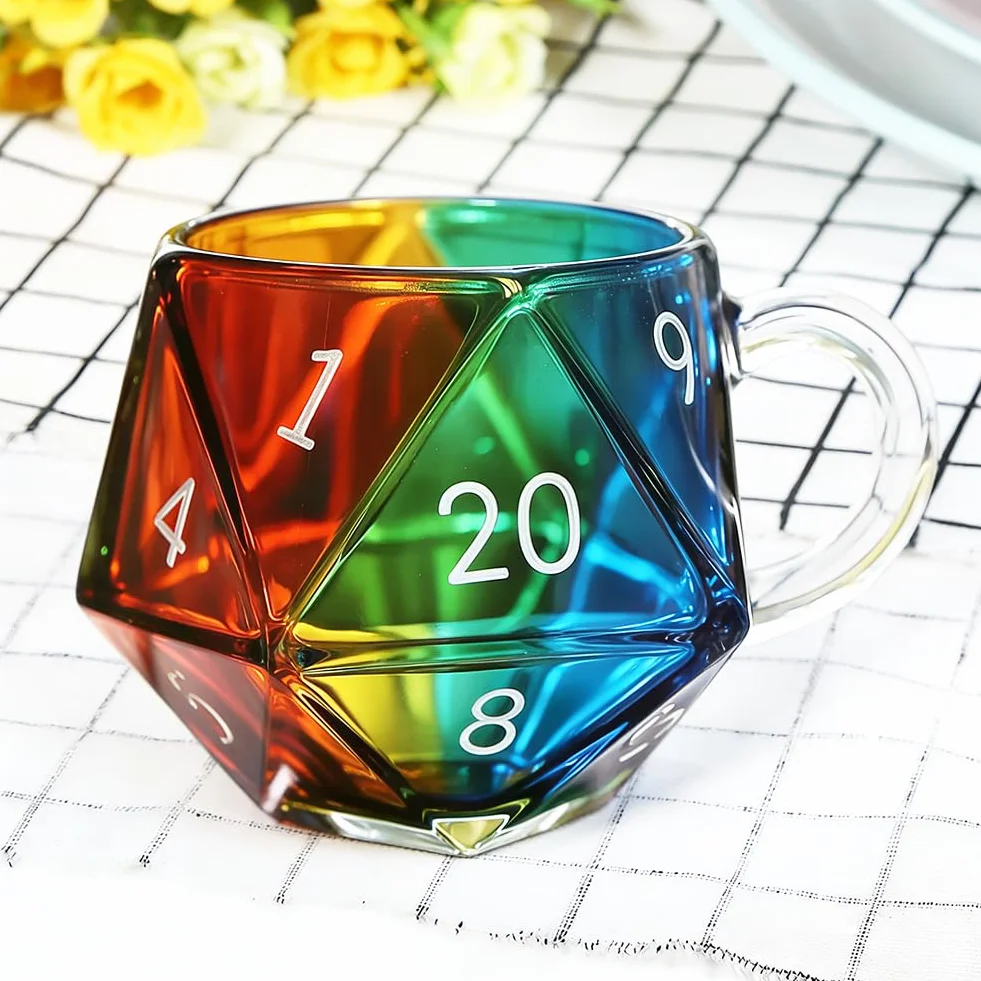 DASIAUTOEM Filiżanka do kawy z wielościenną kostką, D20, ceramiczna, 350 ml, z uchwytem, prezent dla fanów RPG i fantasy