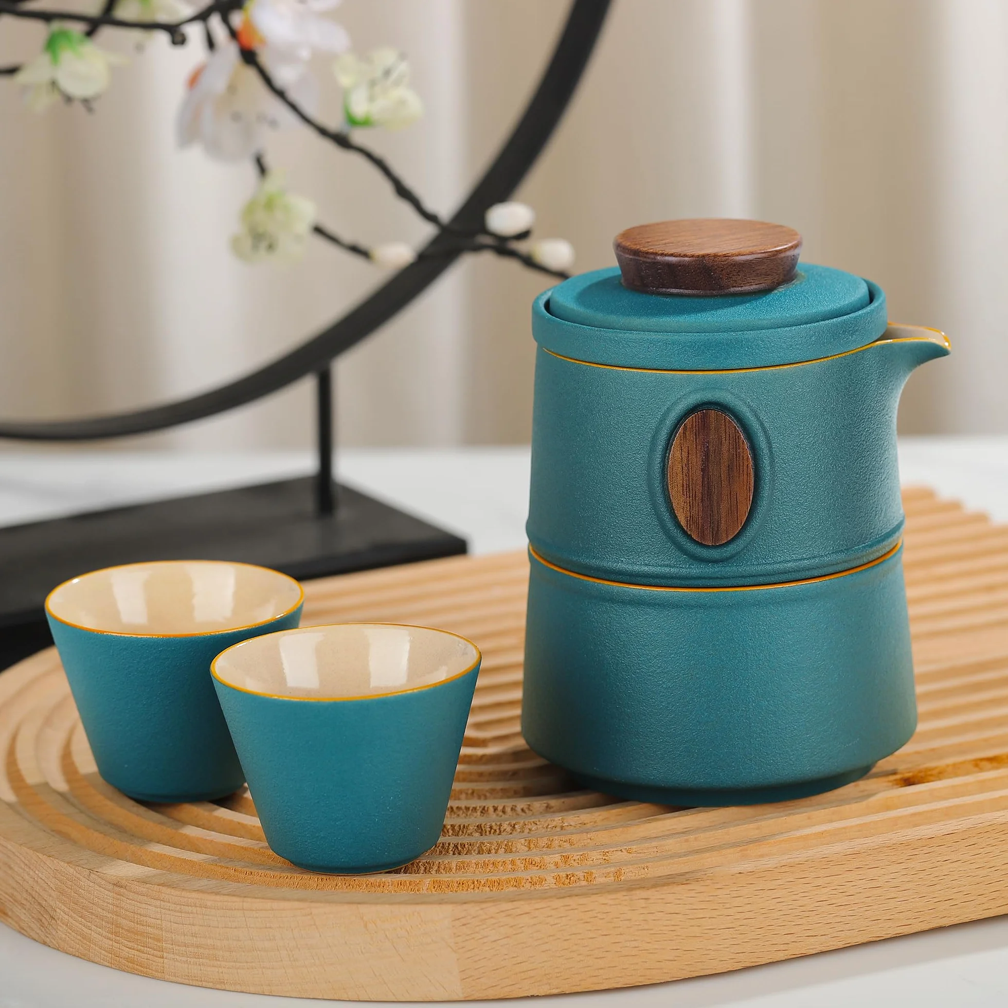 fanquare Przenośny podróżny zestaw do herbaty z etui zielona porcelana chiński czajniczek do kung fu z zaparzaczem mini 1 czajniczek 3 filiżanki na zewnątrz