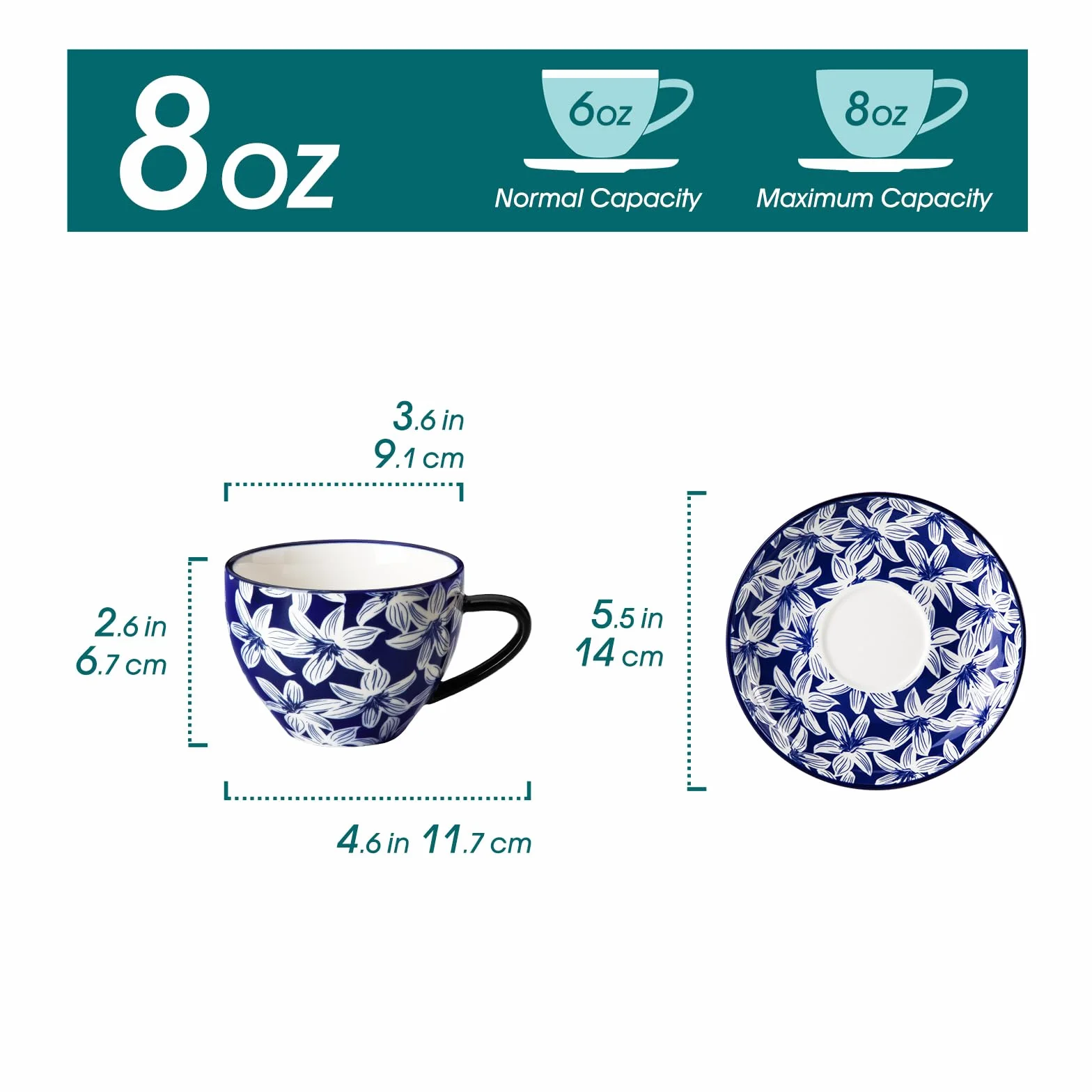 vancasso Selene Zestaw filiżanek i spódniczek, 240 ml, porcelanowy mały zestaw do kawy espresso dla 6 osób, styl vintage, niebiesko-biały, ceramiczne