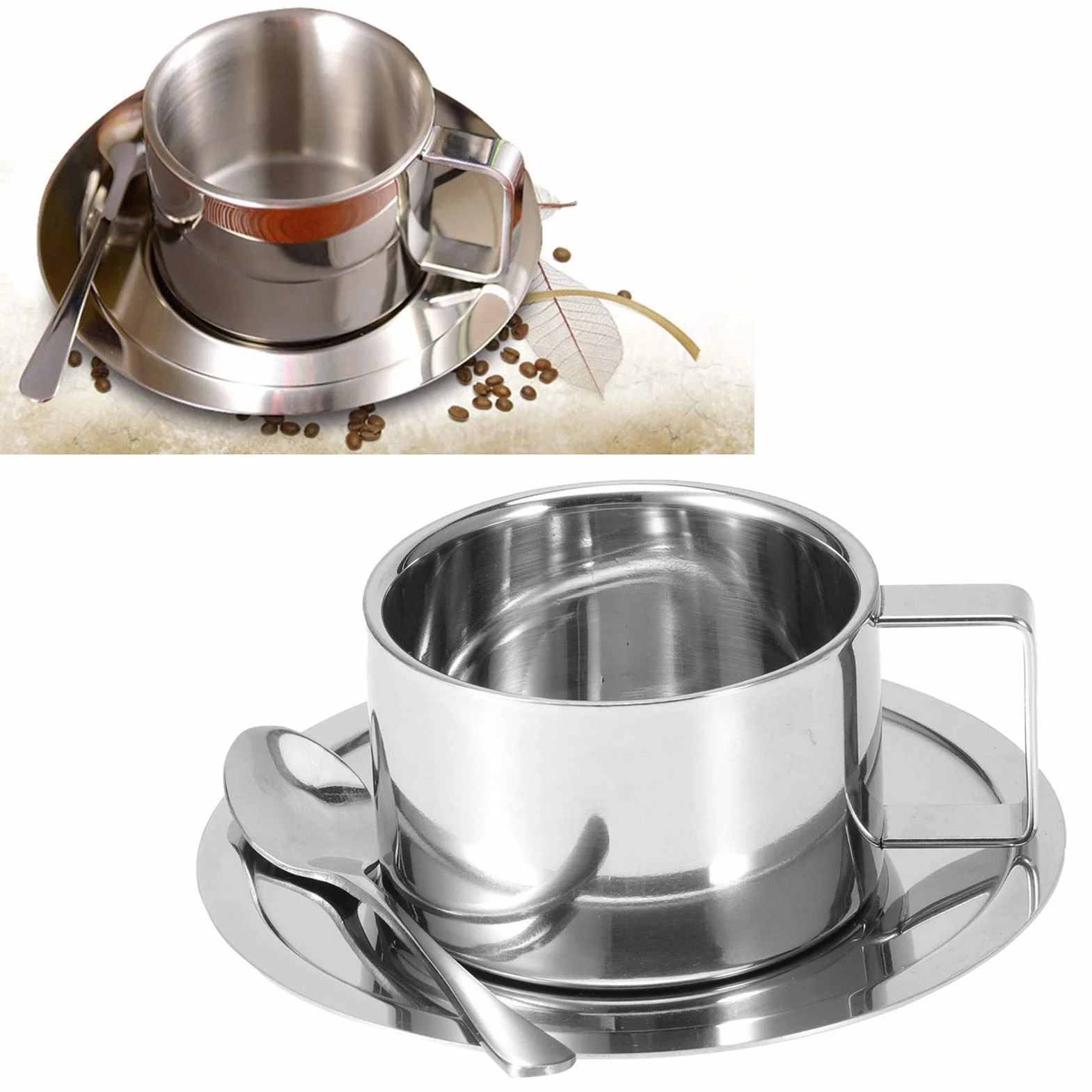 Fyearfly 3 szt./zestaw kubek do kawy ze stali nierdzewnej podwójna ścianka kubek do kawy łyżka spodek zestaw do kawy latte cappuccino espresso przybory kuchenne, srebrny, wykwintny kubek do kawy