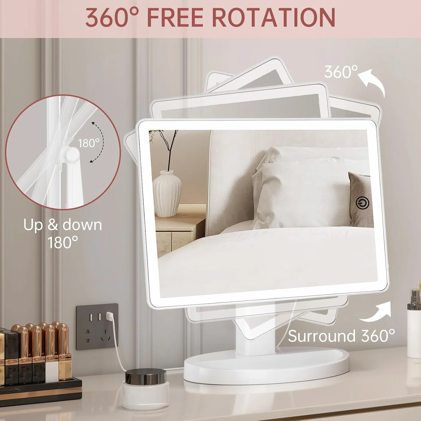 FUNTOUCH Duże podświetlane lustro kosmetyczne do makijażu ze światłem (model X-Large) – 3-kolorowe oświetlenie z 88 diodami LED, obrót 360°, sterowanie dotykowe, powiększenie 10x, przenośne stołowe