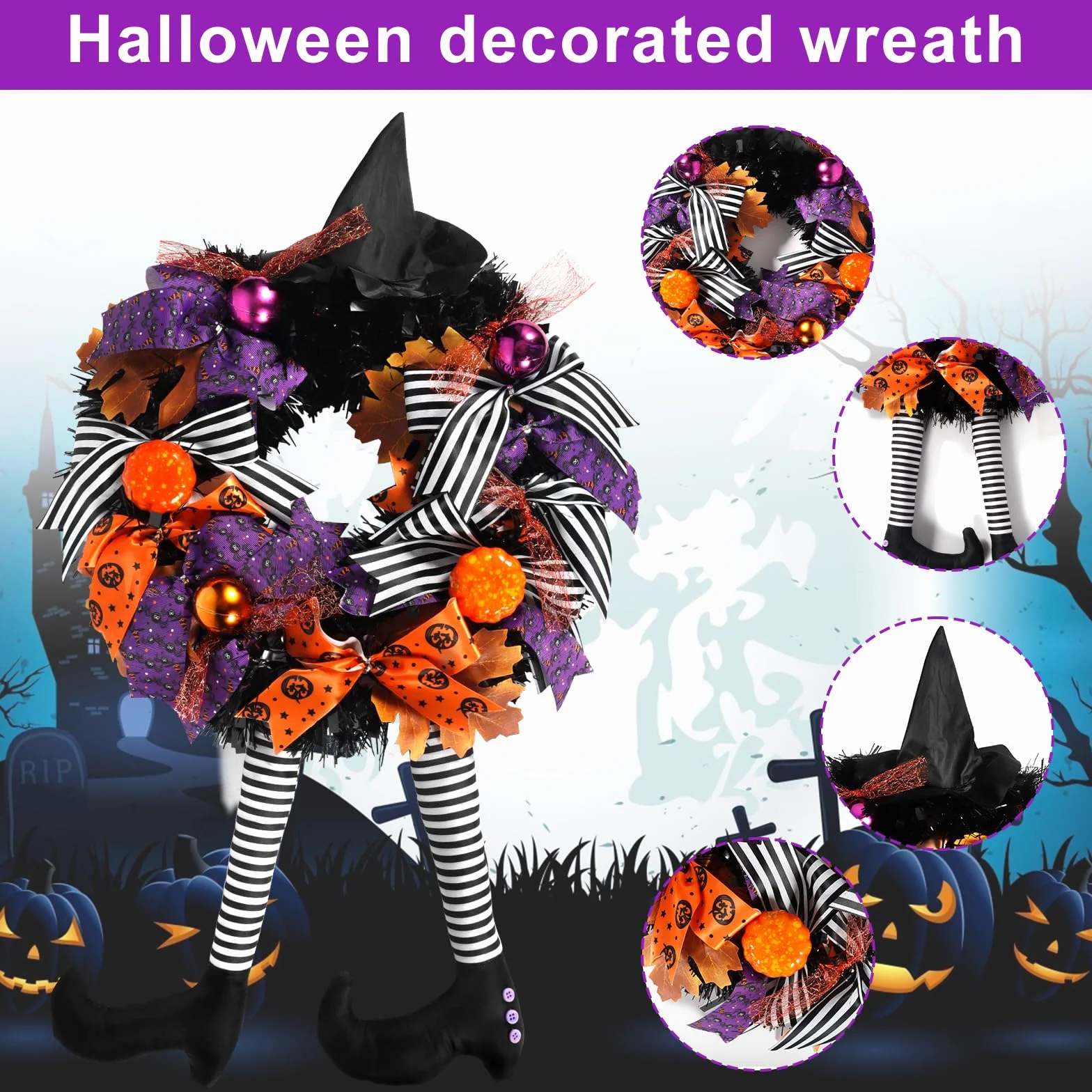 Halloweenowy Wieniec na Drzwi z Nogą Czarownicy, Kapeluszem Wiedźmy i Dynią - Dekoracja na Halloween