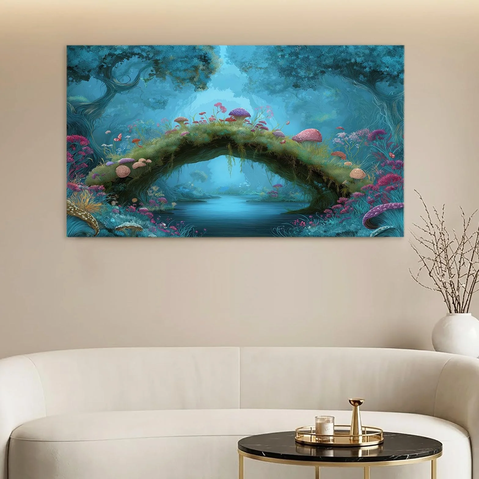 Natura, las na płótnie, oprawiony obraz na płótnie, oprawiony obraz, grafika do salonu, sypialni, przedpokoju, kuchni lub biura, dekoracja, 90 x 60 cm, niebieska dżungla, rośliny, grzyby