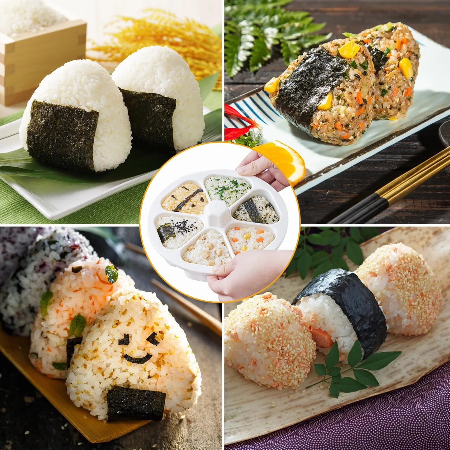 Onigiri Maker Sushi zestaw forek do onigiri i japońskich sześciokątnych i trójkątnych form, do kuchni, DIY, gotowania, bento, domu, restauracji, kempingu