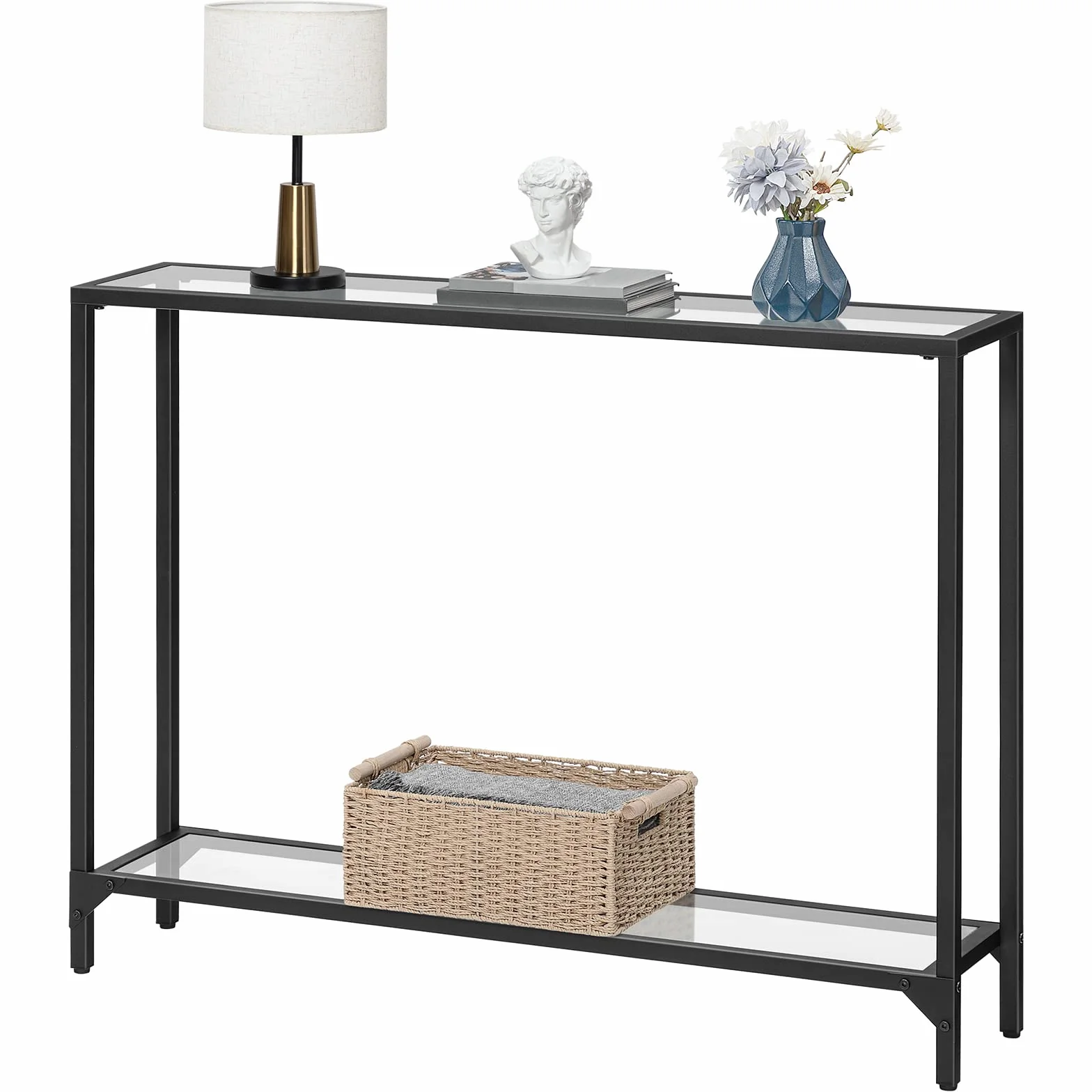 HOOBRO EBK04XG01 Stolik konsolowy ze szkła hartowanego, wąski stolik do przedpokoju z 2 półkami, 100 x 22 x 80 cm, stolik na sofę ze szkła hartowanego, nowoczesny stół ekspozycyjny do salonu, mała