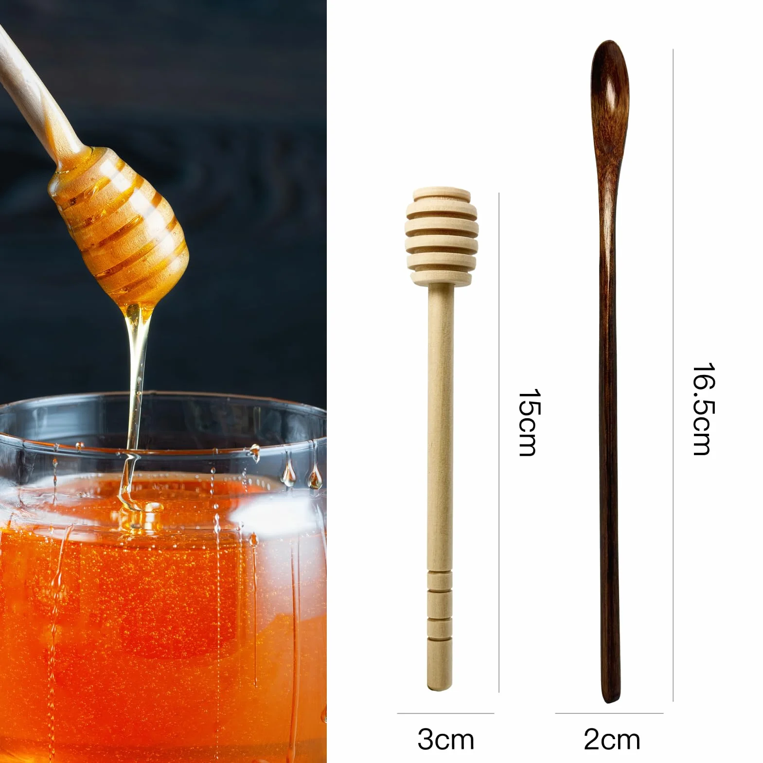 4 szt. Drewniane łyżki do miodu i długie drewniane łyżki, długa łyżka do kawy, rozrzutnik miodu, dyspenser do miodu małe łyżki z długim uchwytem do kawy, mleka, herbaty, słodyczy i zupy
