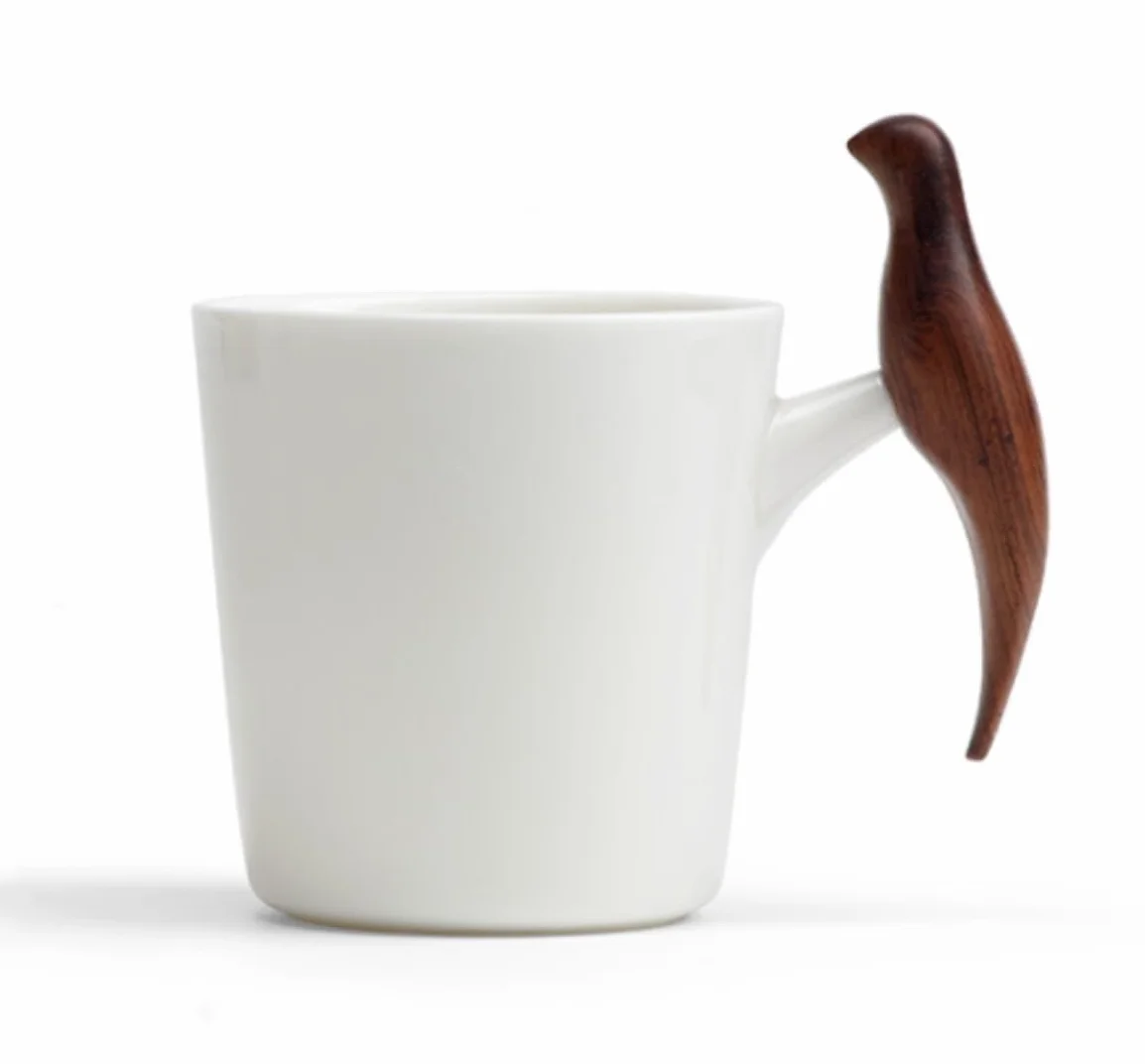 Kubek Filiżanka kawy Filiżanka herbaty, kubek kawy Kubki ceramiczne Nowość Biały ceramiczny kubek do kawy z drewnianym uchwytem w kształcie ptaka Ceramiczny kubek do herbaty Para szklanek Kubki do kaw
