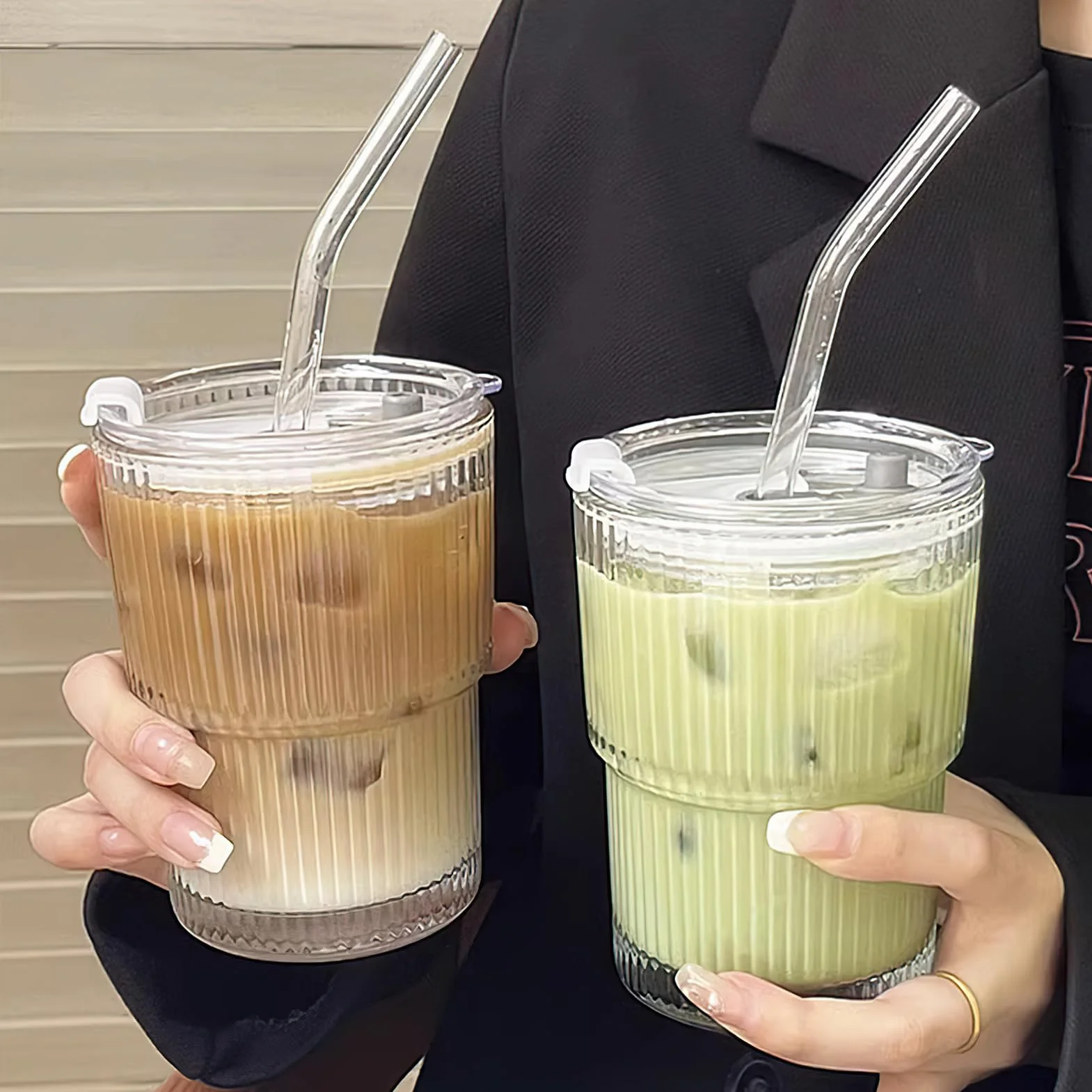 2 sztuki szklanego kubka o pojemności 400 ml z pokrywką i słomką, szklany kubek na smoothie ze słomką, szczelny, wodoodporny kubek podróżny na kawę, kubek na mrożoną kawę