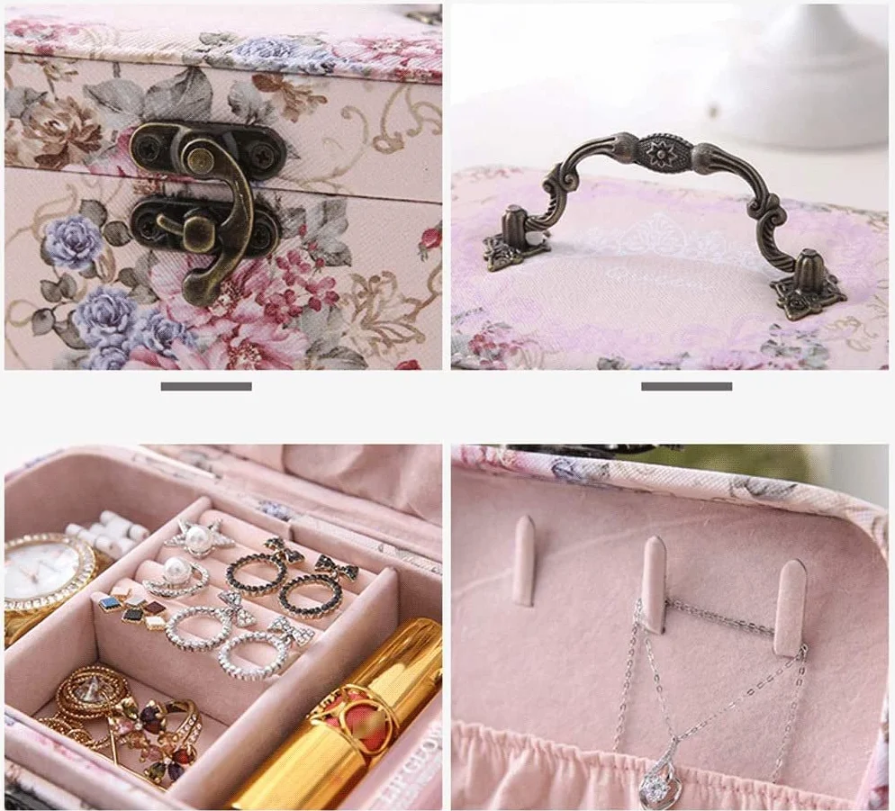 Pudełko na biżuterię 2-warstwowe, eleganckie, skórzane pudełko do przechowywania w stylu retro