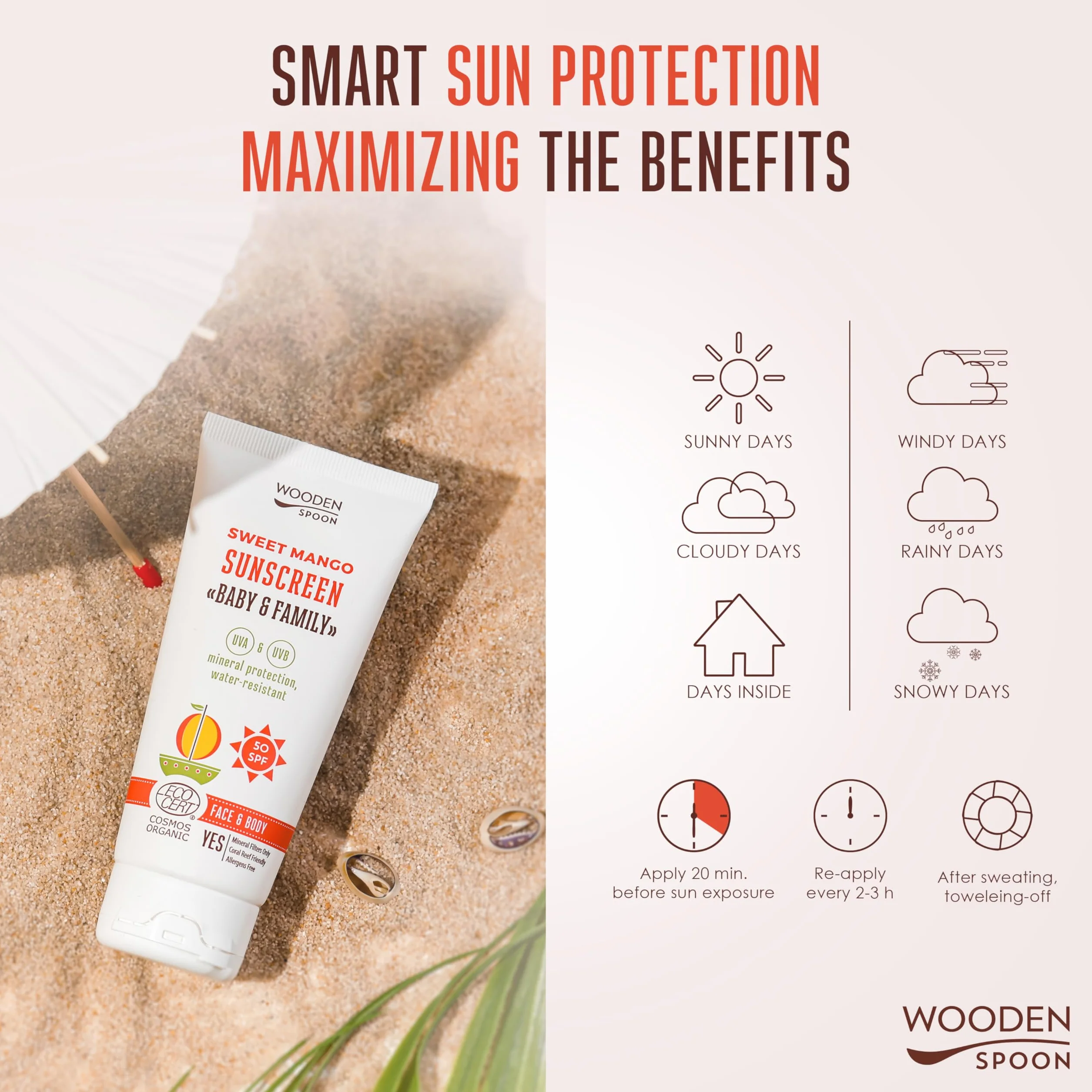 WOODEN SPOON Organiczny krem przeciwsłoneczny "Baby & Familie" SPF 50 UVA i UVB – słodkie mango 150 ml