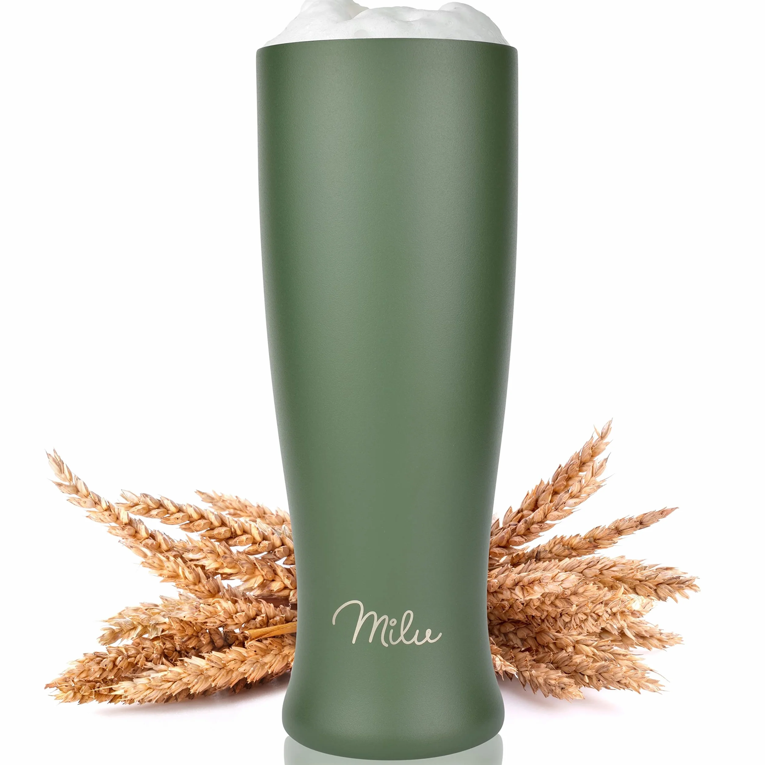 Milu Szklanka do piwa pszenicznego Stali Nierdzewnej | Kufel do piwa z pokrywką piwo zimne przez 7 godzin | Beer Pint izolowane termo kubek (500ml, Oliwkowo-zielony)
