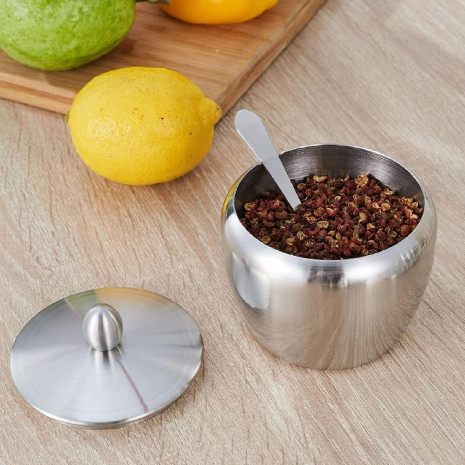 Cocoarm Zestaw Garnków do Przypraw ze Stali Nierdzewnej z Obrotowym Stojakiem Pojemnik na Przyprawy 370 Ml Stal Nierdzewna 304 z pokrywką i łyżką do Blatu Kuchennego Restauracja Piknik Kemping