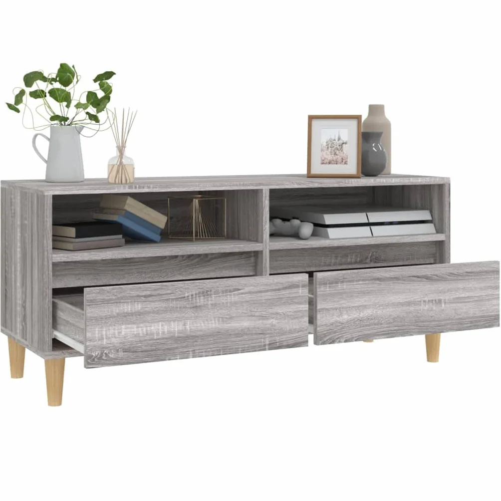 Szafka TV Sonoma szara 100 x 34,5 x 44,5 cm, materiał drewnopochodny, uniwersalna podstawka pod telewizor, trwała szafka na media do salonu, sypialni, uniwersalna konsola multimedialna
