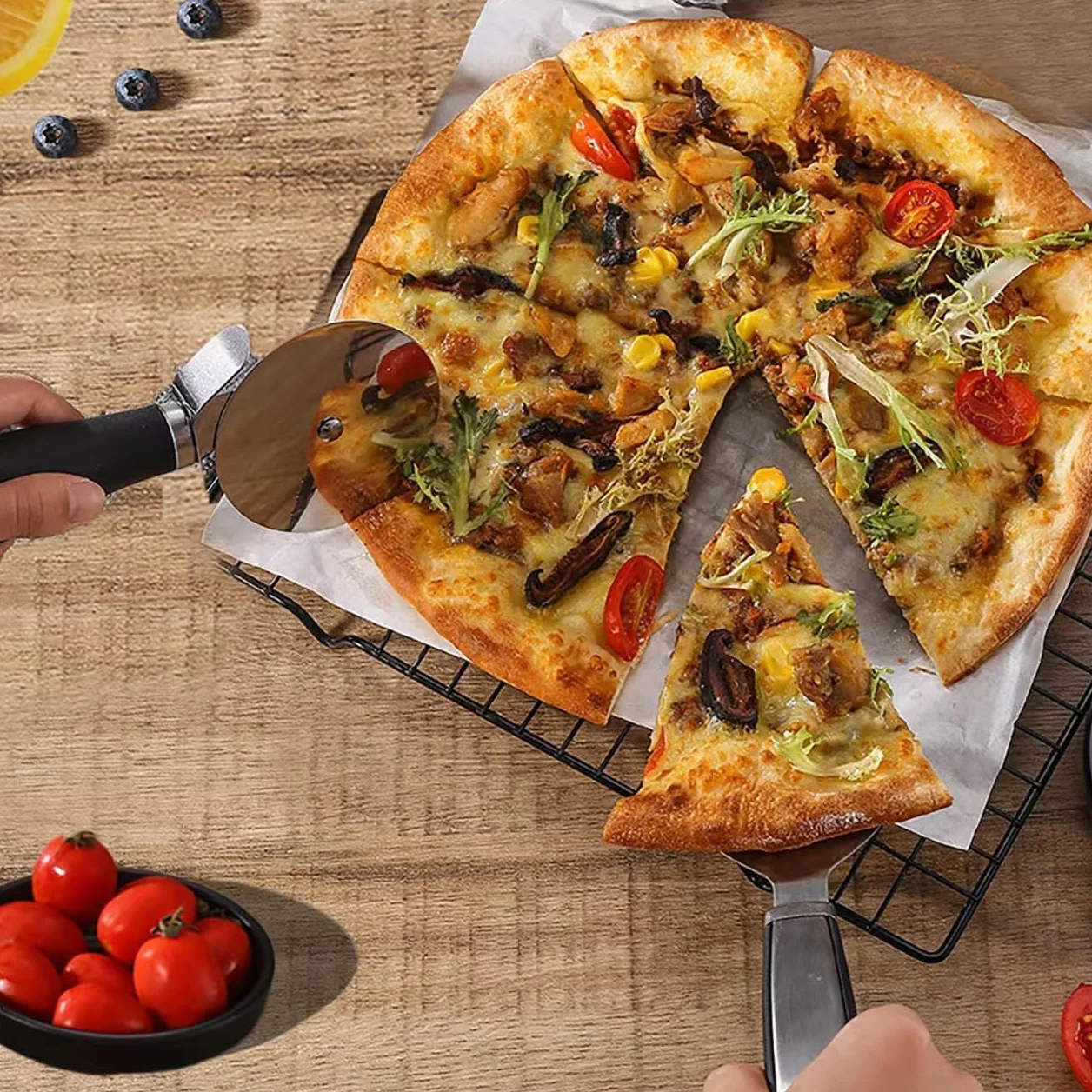 2-częściowy Nóż Do Pizzy I Łopatka Do Ciasta – Uchwyt Antypoślizgowy, Ostry Nóż Do Pizzy Ze Stali Nierdzewnej, Kuchenny Nóż Do Pizzy Z Ostrzem Kołyskowym, Gadżety Kuchenne, Można Myć W Zmywarce
