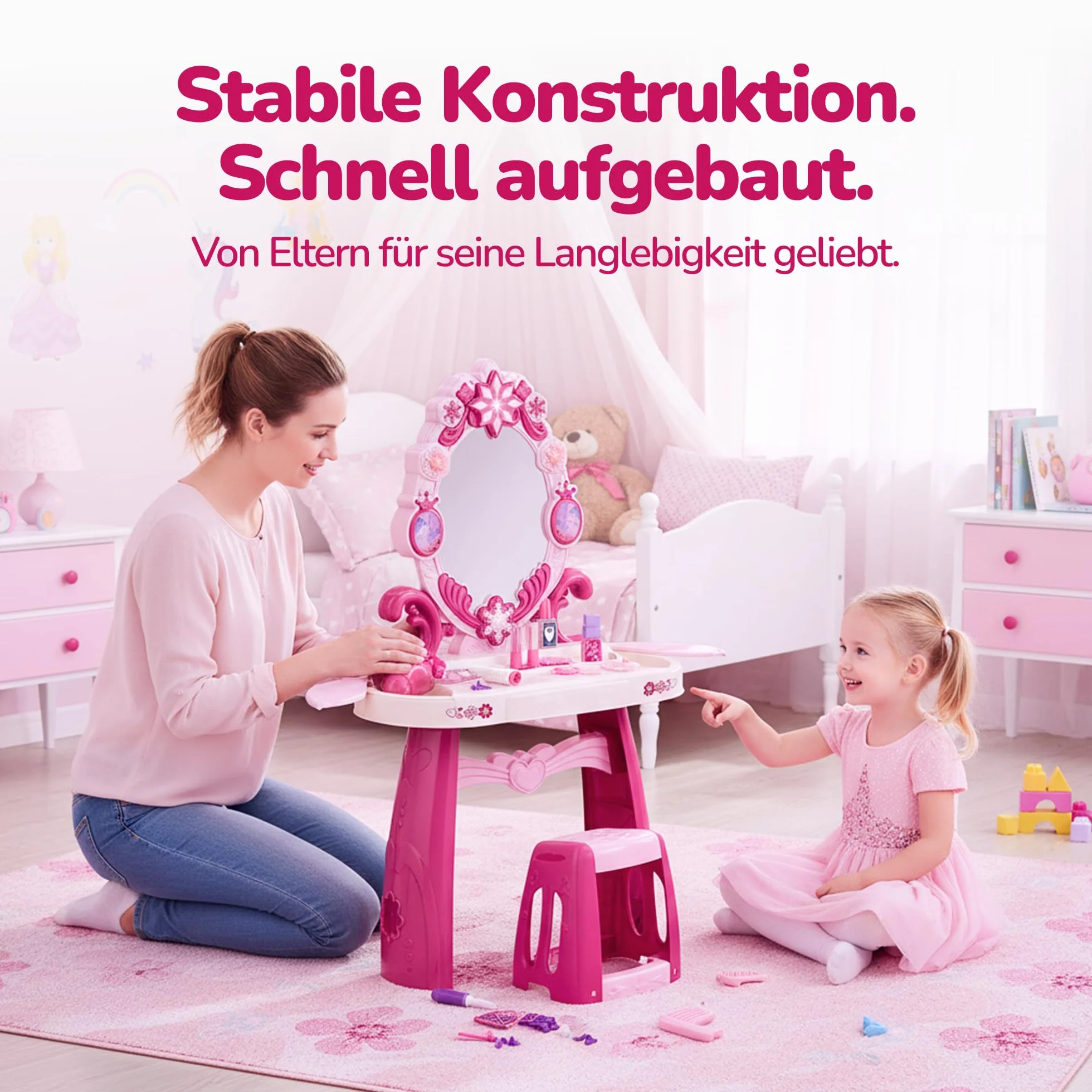 Kinderplay Fairy Glow Dresser toaletka dla dzieci z oświetleniem i dźwiękiem – zabawka dla dziewczynek od 3 lat – zestaw do makijażu dla dzieci z lustrem i 32 akcesoriami