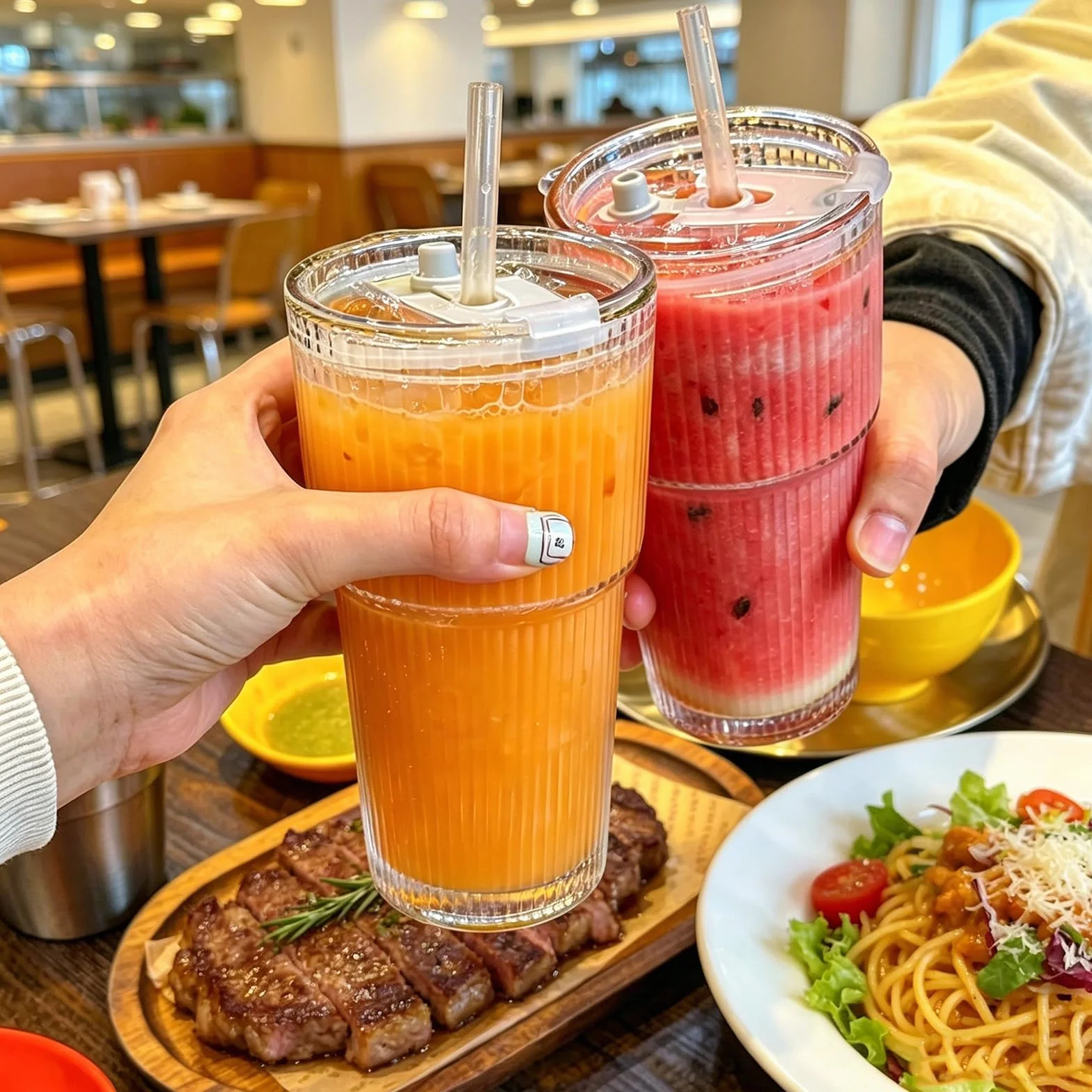 Szklane kubki z ryflowanym kubkiem, 2 sztuki, szklanki do drinków, szklanki do longdrinków, w paski, z pokrywką i słomką, 600 ml, kubek do smoothie, szklany kubek do herbaty, z pędzelkiem do