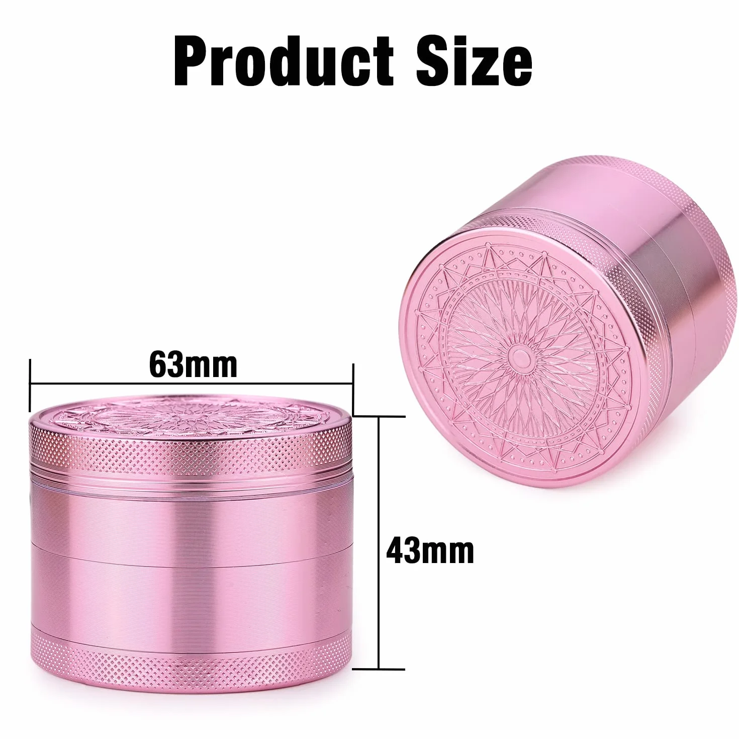 Herb Grinder, aluminiowy młynek premium 2,5 cala (63mm) z wytłoczonym kwiatem, 4-częściowy, duży młynek ze skrobakiem do pyłków (różowy)