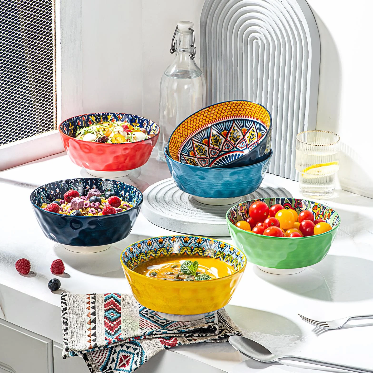 HENXFEN LEAD miseczki deserowe, miska do zupy 750 ml, porcelanowa miska sałatkowa, ceramiczna na lody, ryż, deser itp. Kolorowa, opakowanie 6 sztuk - styl bohemski