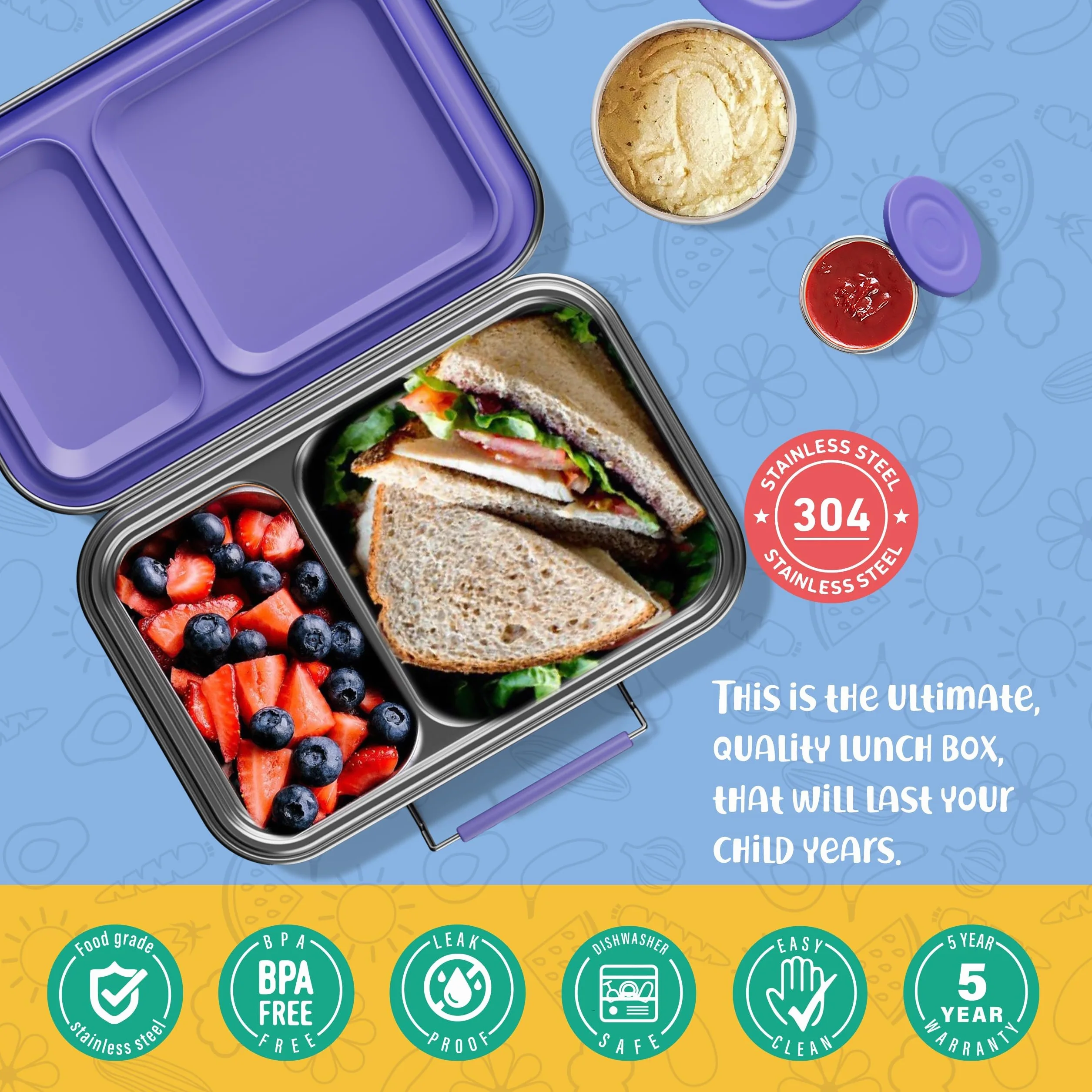 AOHEA Pudełko na lunch ze stali nierdzewnej dla dzieci, szczelne pudełko na lunch Bento, bez BPA, ze stali nierdzewnej 304, pudełko Bento z pojemnikami, do szkoły i biura, fioletowe