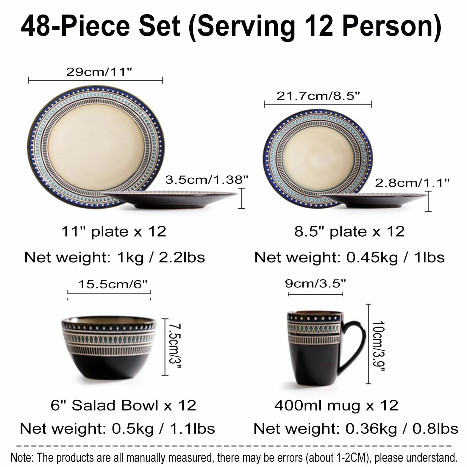 48-częściowy porcelanowy zestaw naczyń dla 12 osób, zestaw naczyń z porcelany, zestaw naczyń z 12 talerzy, 12 talerzy deserowych, 12 misek na płatki śniadaniowe, 12 filiżanek