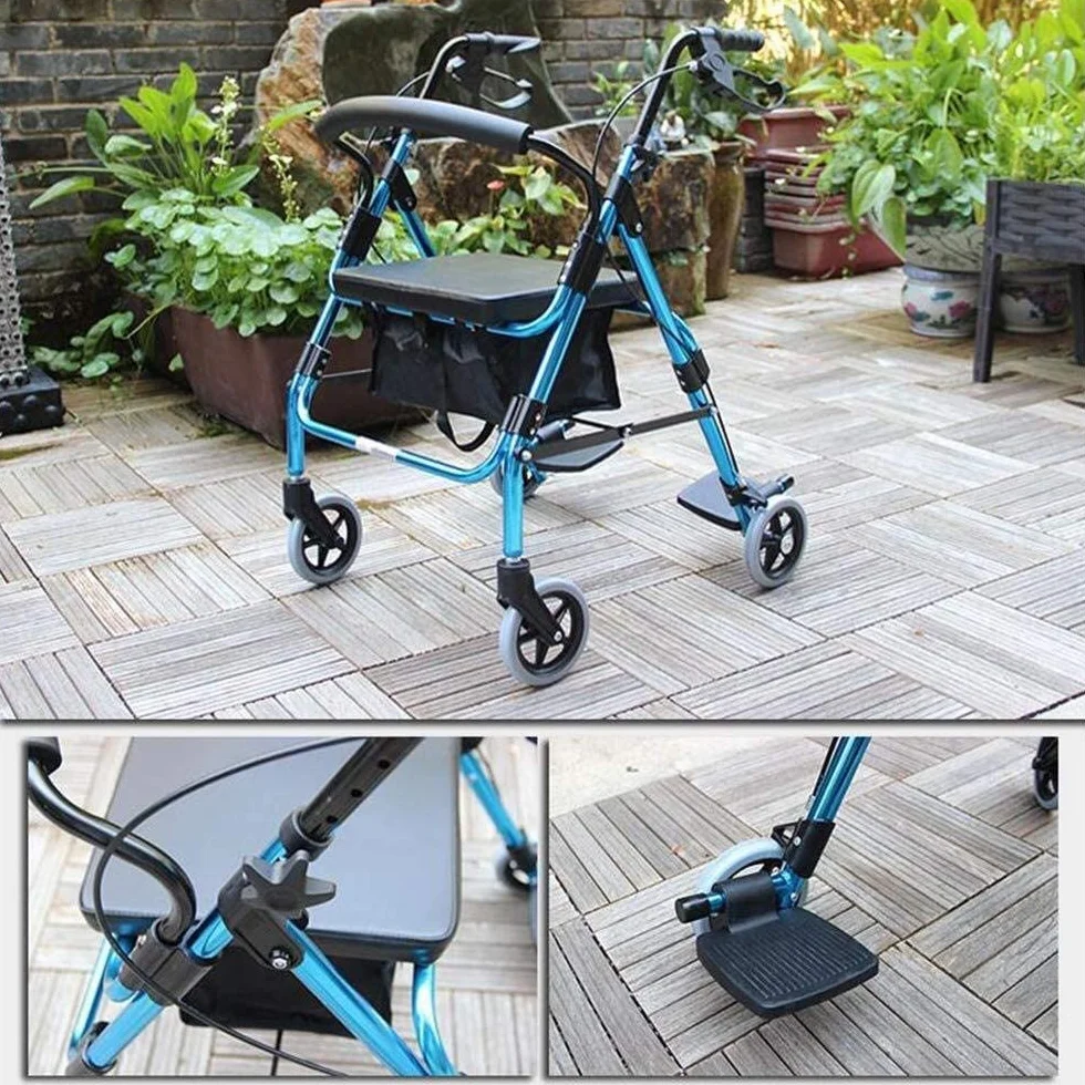 Walker Osoby w podeszłym wieku Wspomagany Walker Podłokietnik Walking Old People Kup jedzenie Może zabrać wózki Skuter Koszyk na zakupy Chodzik czterokołowy Siedzisko ze stopu aluminium Składane
