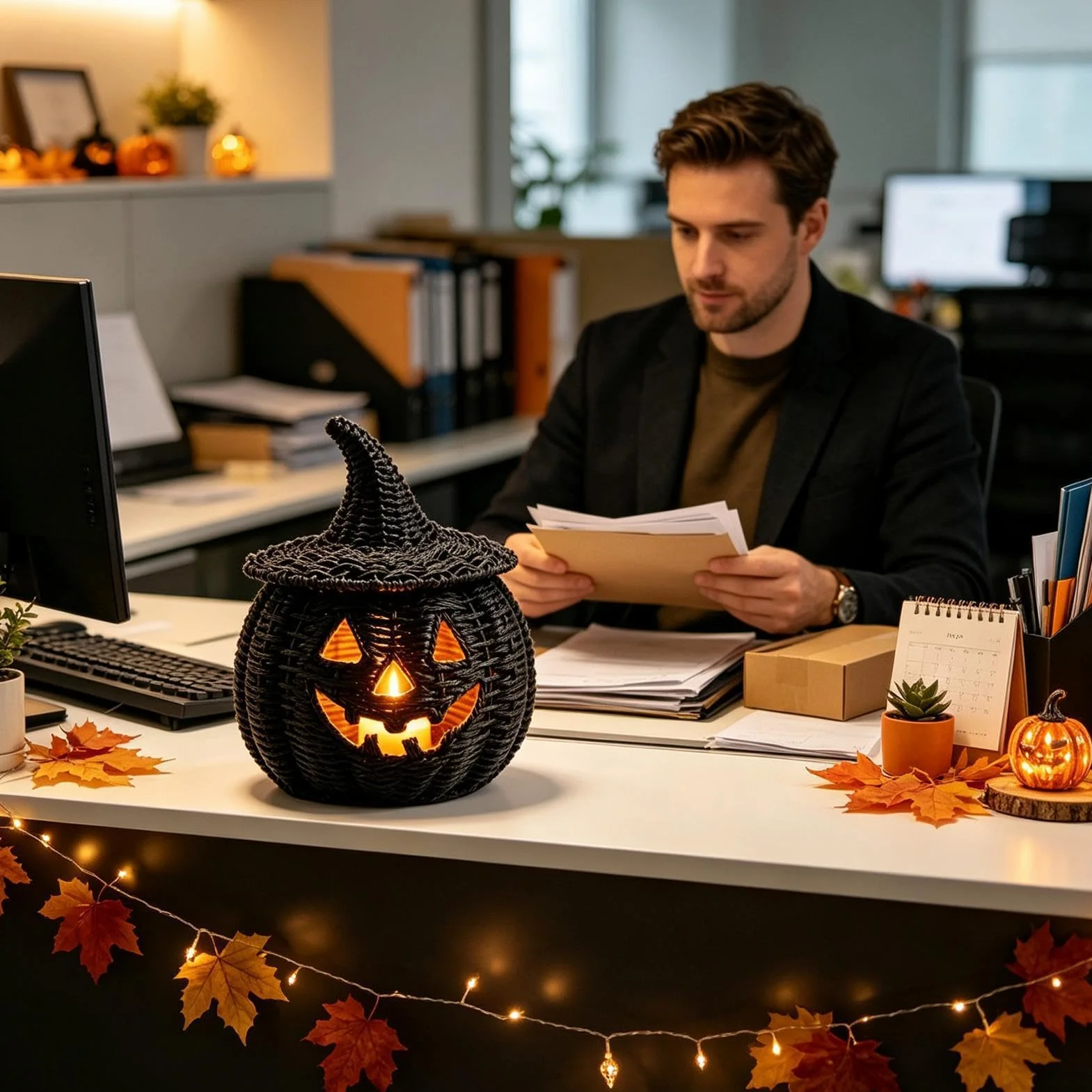 Dekoracyjny Pleciony Kosz Dyniowy Halloweenowy pojemnik ze świeczką LED | Straszny Kosz Do Przechowywania Słodyczy do domu mieszkania apartamentu salonu biurka kominka stołu jadalnego przedpokoju