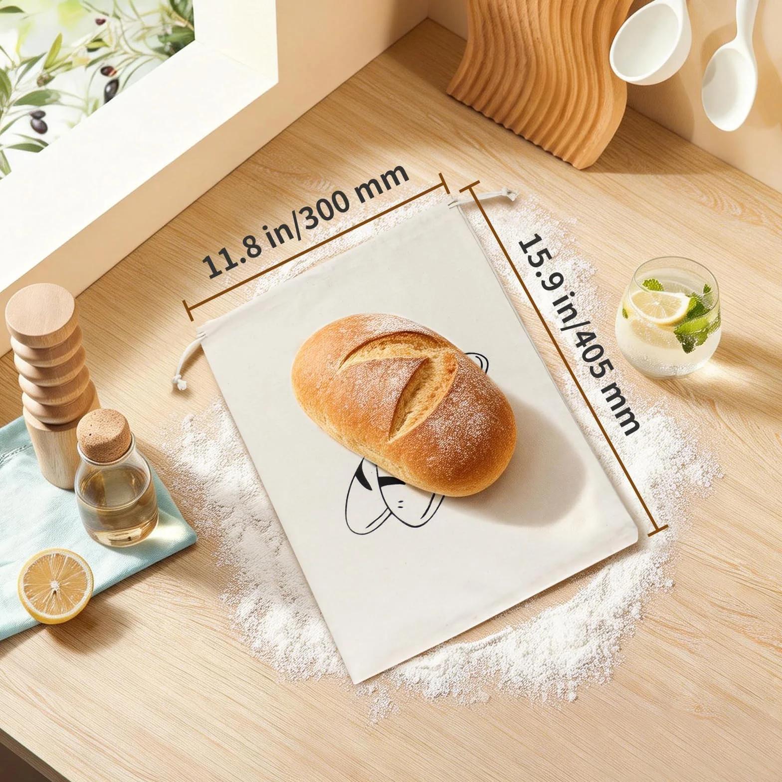 2 szt. lniane worki na chleb, niewybarwione, wielokrotnego użytku 40x30 cm – torby do pieczenia domowego chleba, bagietek, owoców i warzyw, akcesoria piekarnicze, worek na żywność