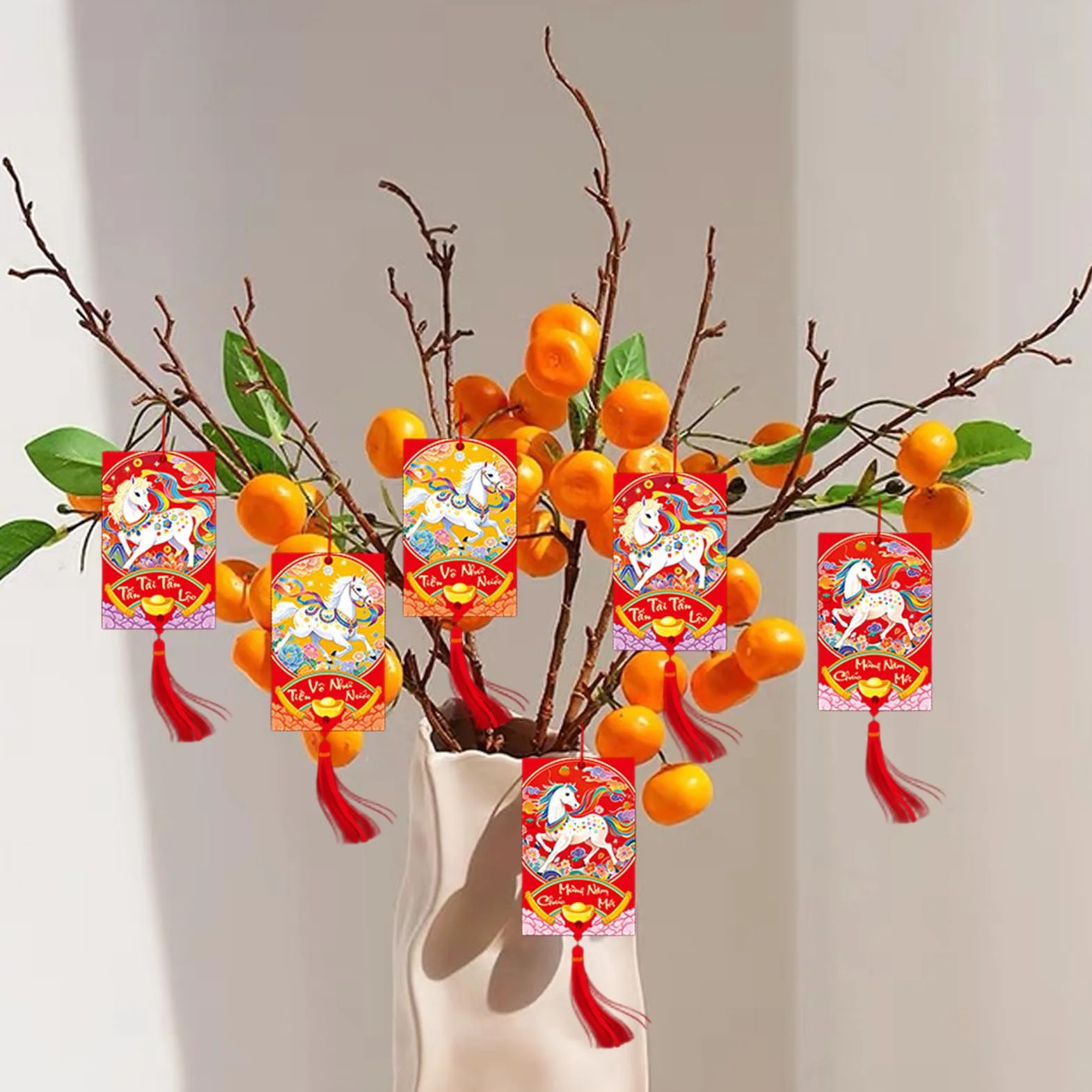 Vietnamese Lunar Horse Year Paper Charm Decorations 6-Piece for Holiday Home Doorway Tree Wall Door Party Office