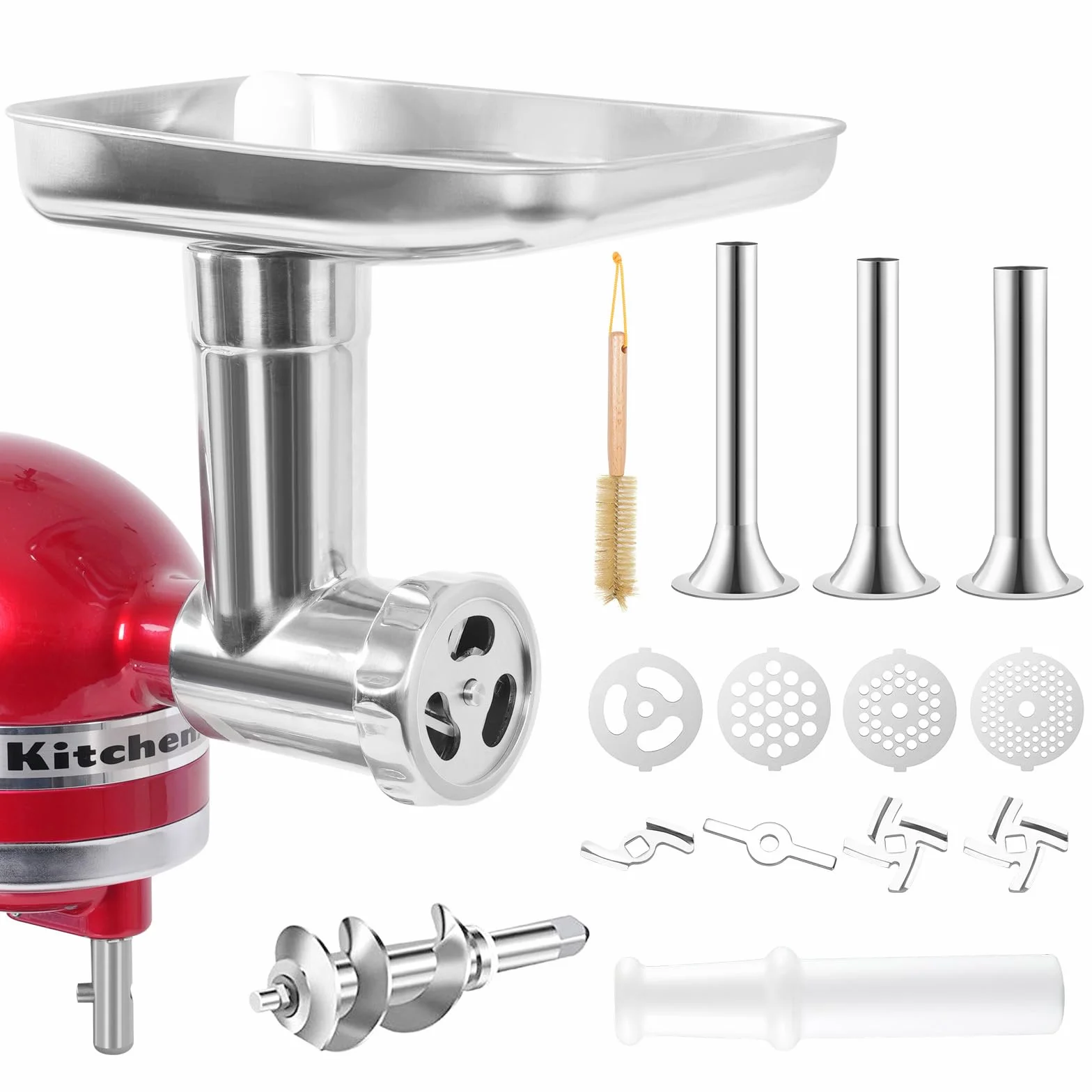 Metalowy młynek do żywności ze stali nierdzewnej, kompatybilny z mikserami stojącymi KitchenAid, zawiera 3 rurki do nadziewania kiełbasy, nadaje się do mycia w zmywarce