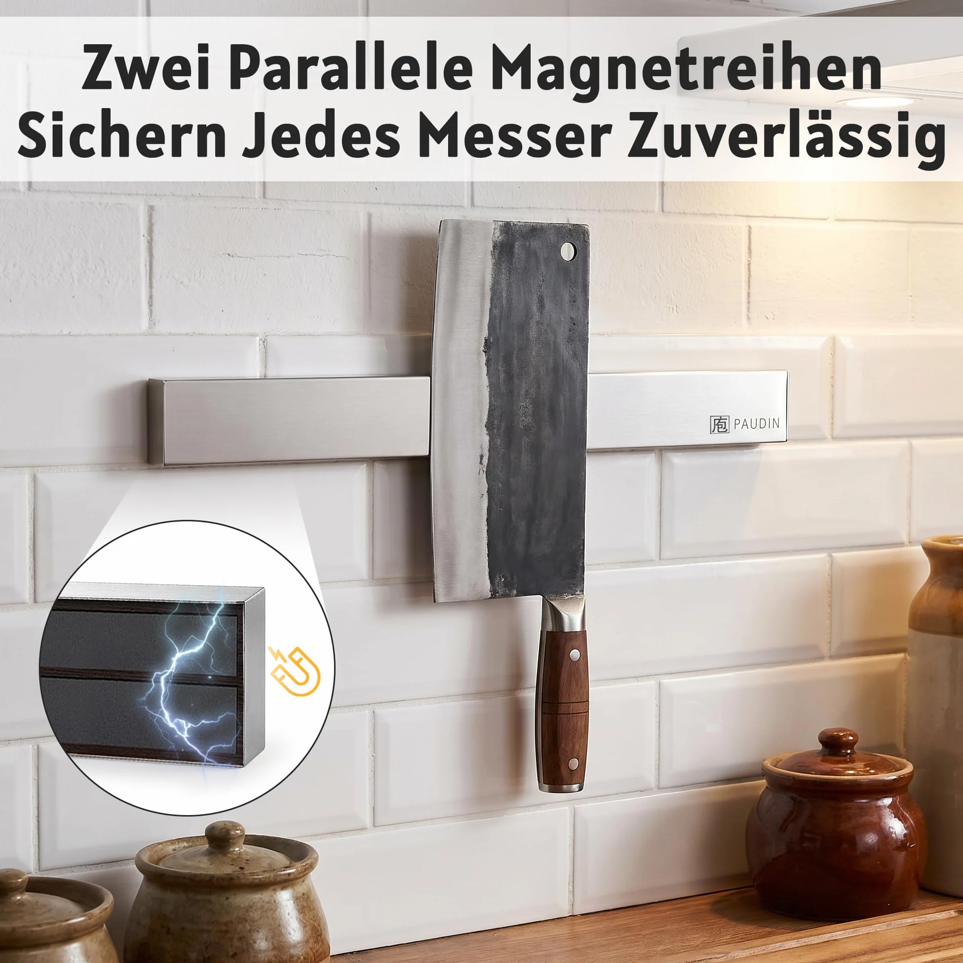 PAUDIN Listwa magnetyczna do noży 45 cm, listwa magnetyczna do noży kuchennych ze stali nierdzewnej z bardzo silnym magnesem jako uchwyt na noże ścienne, samoprzylepna do przyborów kuchennych