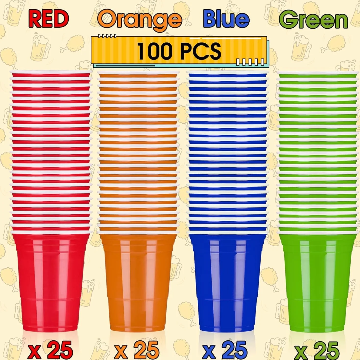 LATERN 100 szt. plastikowych kubków wielokrotnego użytku, 480 ml, zestaw kubków do piwa z 25 czerwonymi kubkami, 25 niebieskimi kubkami, 25 zielonymi kubkami, 25 pomarańczowymi kubkami, 10 piłek do