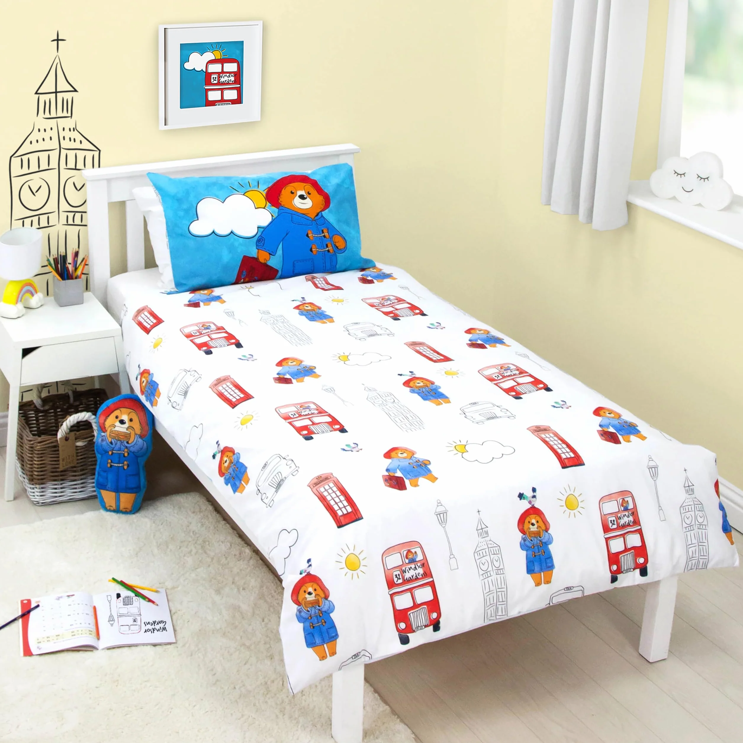 Character World Oficjalny zestaw poszewek na kołdrę Paddington Bear™ | 2-stronna dwustronna konstrukcja stacji, dopasowana poszewka na poduszkę, zestaw na pojedyncze łóżko, biały i niebieski, bawełna