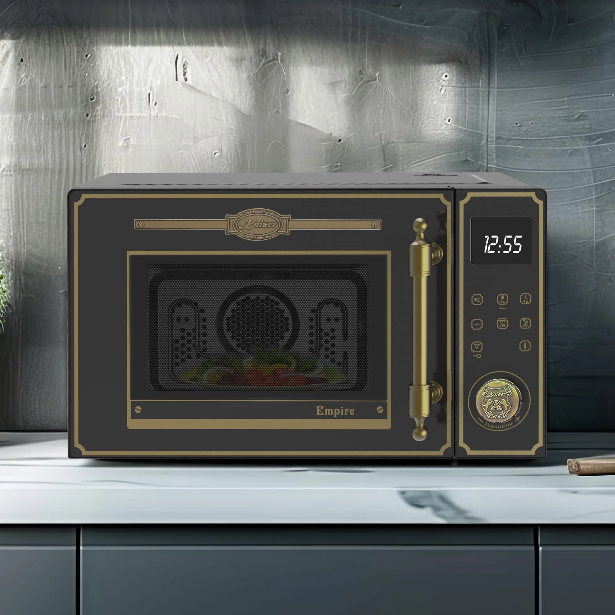 Kaiser Empire M 2530 Em Retro kuchenka mikrofalowa w kolorze czarnym | 25 l | grill 1200 W | gorące powietrze 2200 W | obsługa FullTouch z pokrętłem obrotowym | szklany front | uchwyt drzwi z