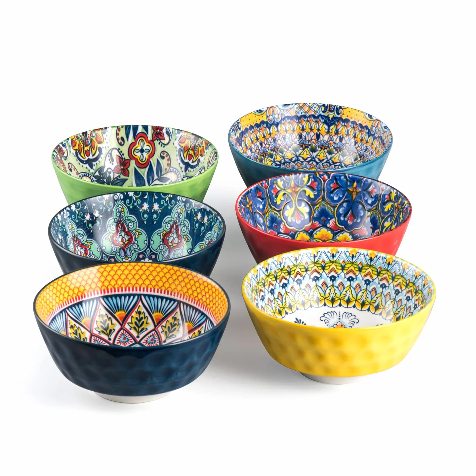 HENXFEN LEAD miseczki deserowe, miska do zupy 750 ml, porcelanowa miska sałatkowa, ceramiczna na lody, ryż, deser itp. Kolorowa, opakowanie 6 sztuk - styl bohemski