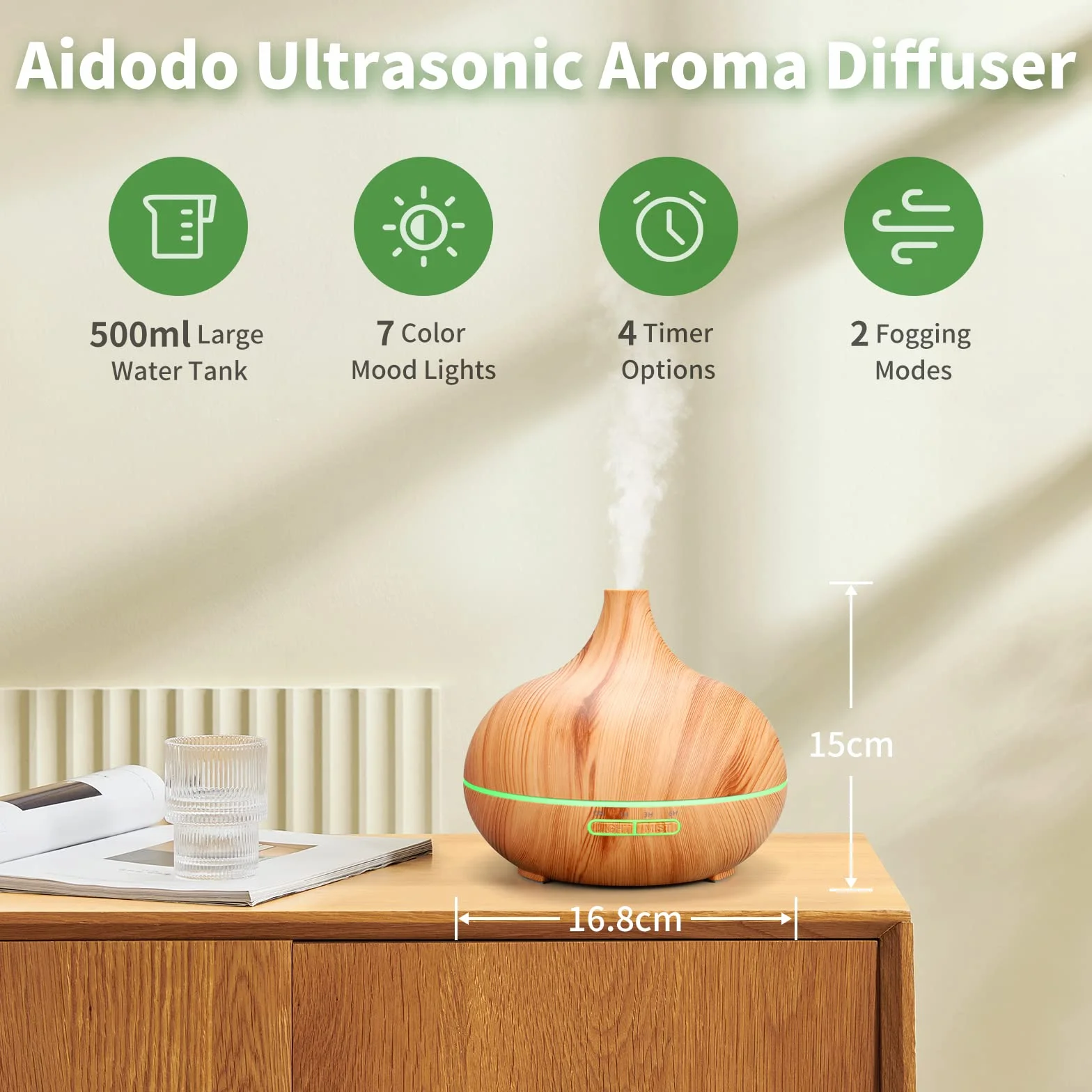 Dyfuzor olejków eterycznych 500ml Ultradźwiękowy Nawilżacz Aromaterapia,Aroma Dyfuzor z zimną parą, 7-Kolor LED,4 Timer, Odświeżacz,Nawilżacz, Dom, Biuro,Dziecko itp