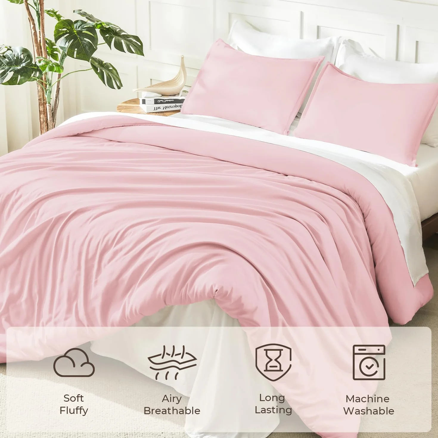 Litanika 3-częściowy komplet pościeli w rozmiarze full size, lekki, uroczy, miękki, jednolity zestaw pościeli całorocznej (kołdra 200 x 229 cm i 2 poszewki na poduszkę), różowy