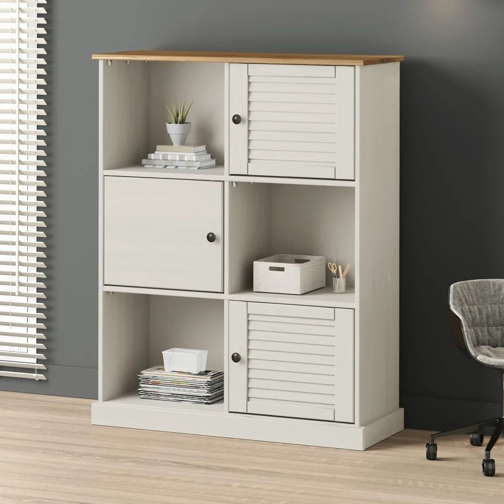 Générique Regał z litego drewna sosnowego, biały, 90 x 35 x 114,5 cm, regał na książki z 6 metalowymi przegródkami i guzikami, wytrzymały i łatwy w pielęgnacji schowek na książki