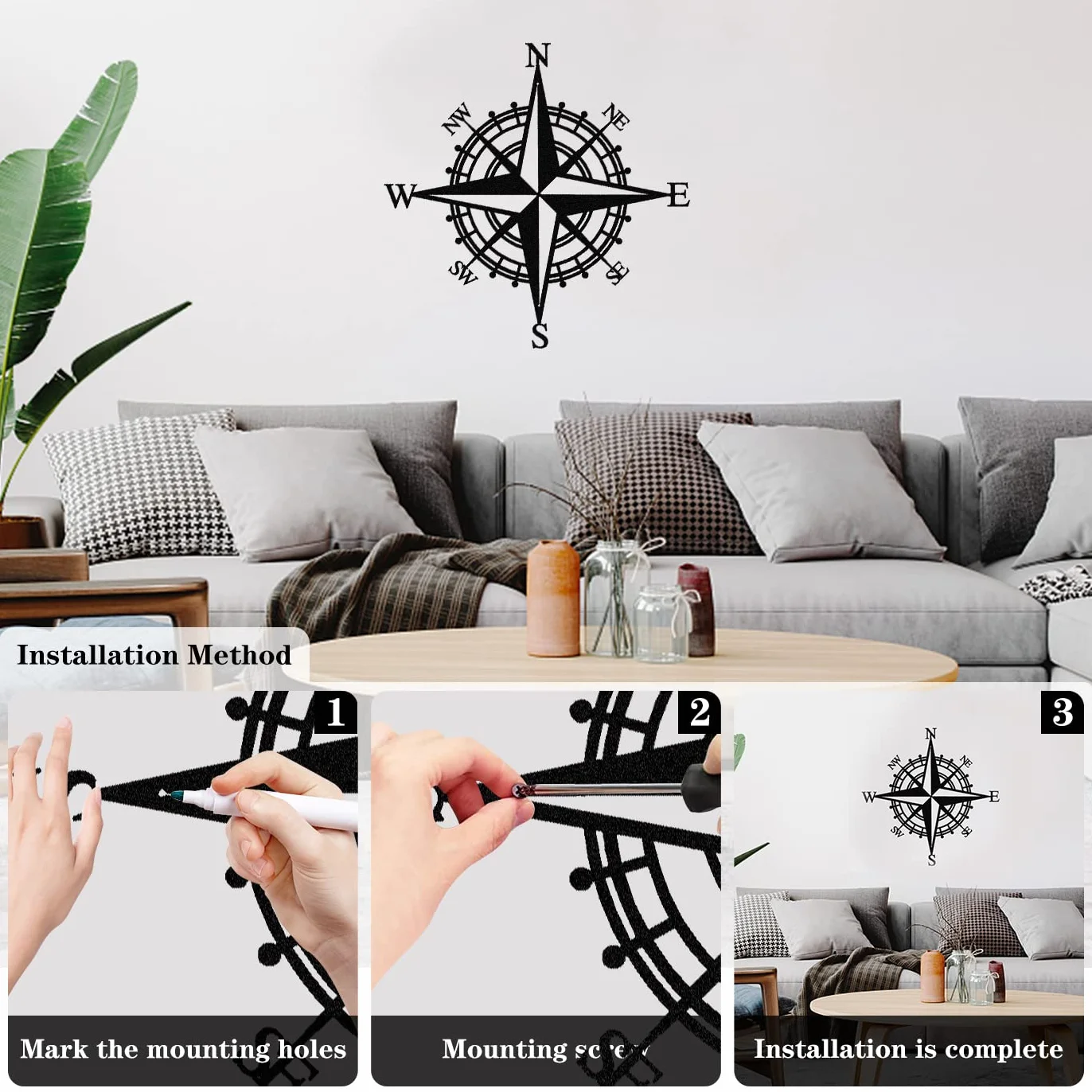 43cm Czarny Metalowy Kompas Dekoracyjny, Wall Art, do Dekoracji Ścian Pokój Dzienny, Biuro, Weranda, Ogród, Patio, Dekoracja Domu