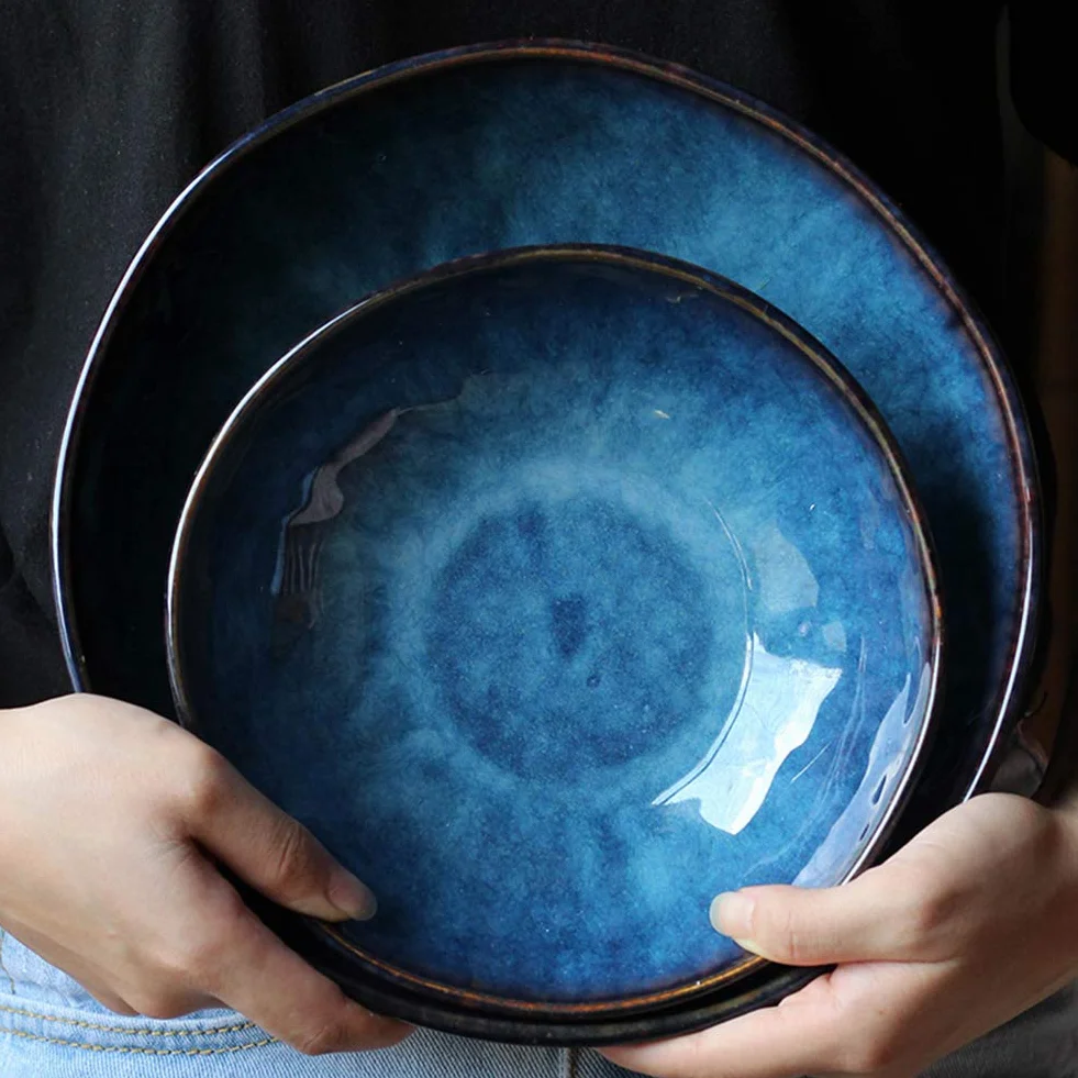 Niebieska ceramiczna miska do sałatek, retro japoński styl miska ramen, kreatywna zastawa stołowa miska na sałatkę owocową miska na zupę L