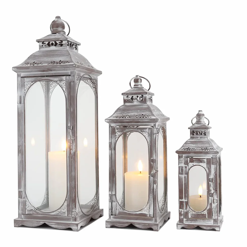 TRIROCKS Zestaw 3 Vintage Lampionów na Świecę 26/35/50 cm Wysokich, Metalowe Uchwyt na Świecę z Hartowanym Szkłem do Salonu, Ogrodu (Cementowy Szary)