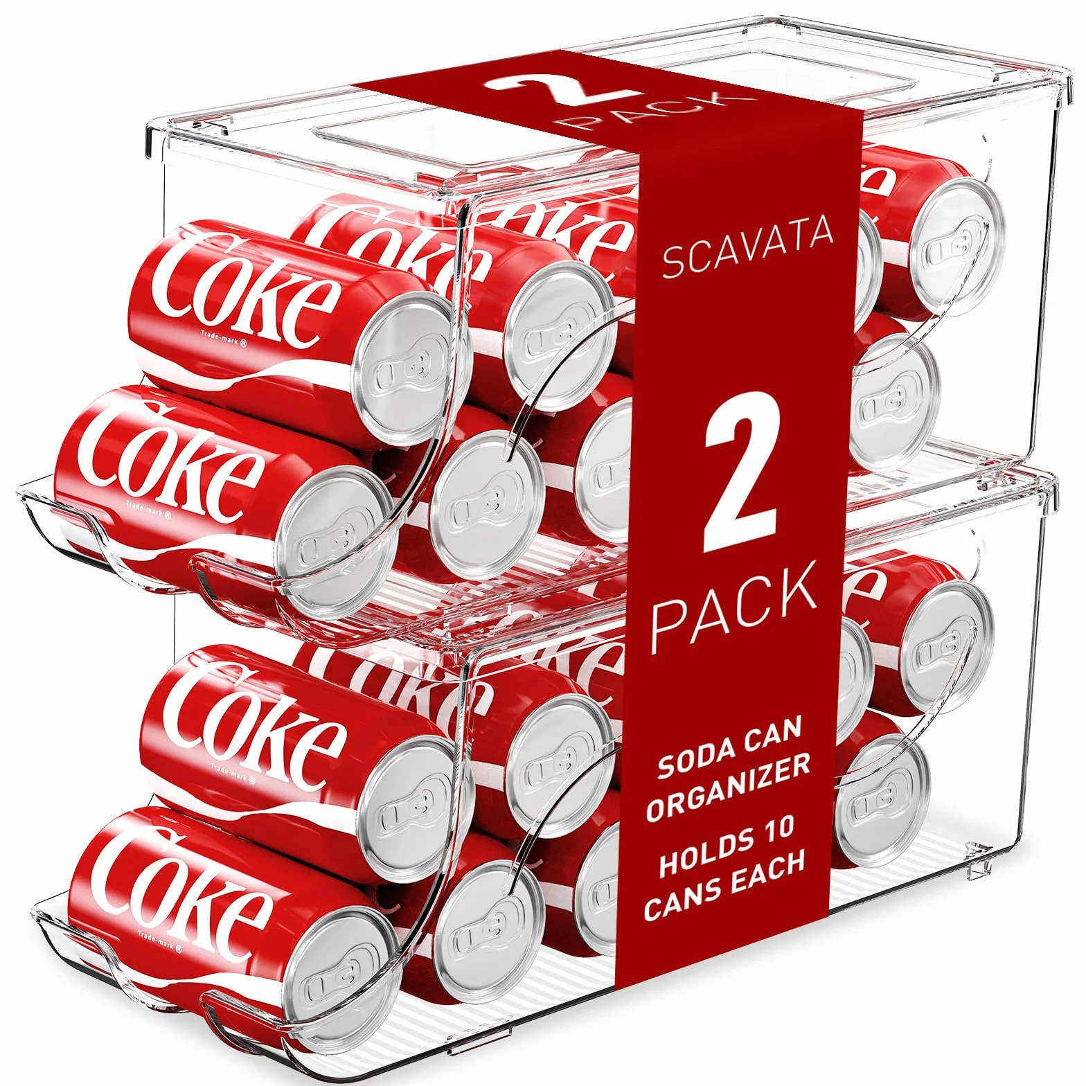SCAVTA Organizer do lodówki z możliwością układania w stos, dozownik puszek na napoje z pokrywką, do lodówki, zamrażarki, kuchni, przezroczyste plastikowe pojemniki do przechowywania, pomieści 10