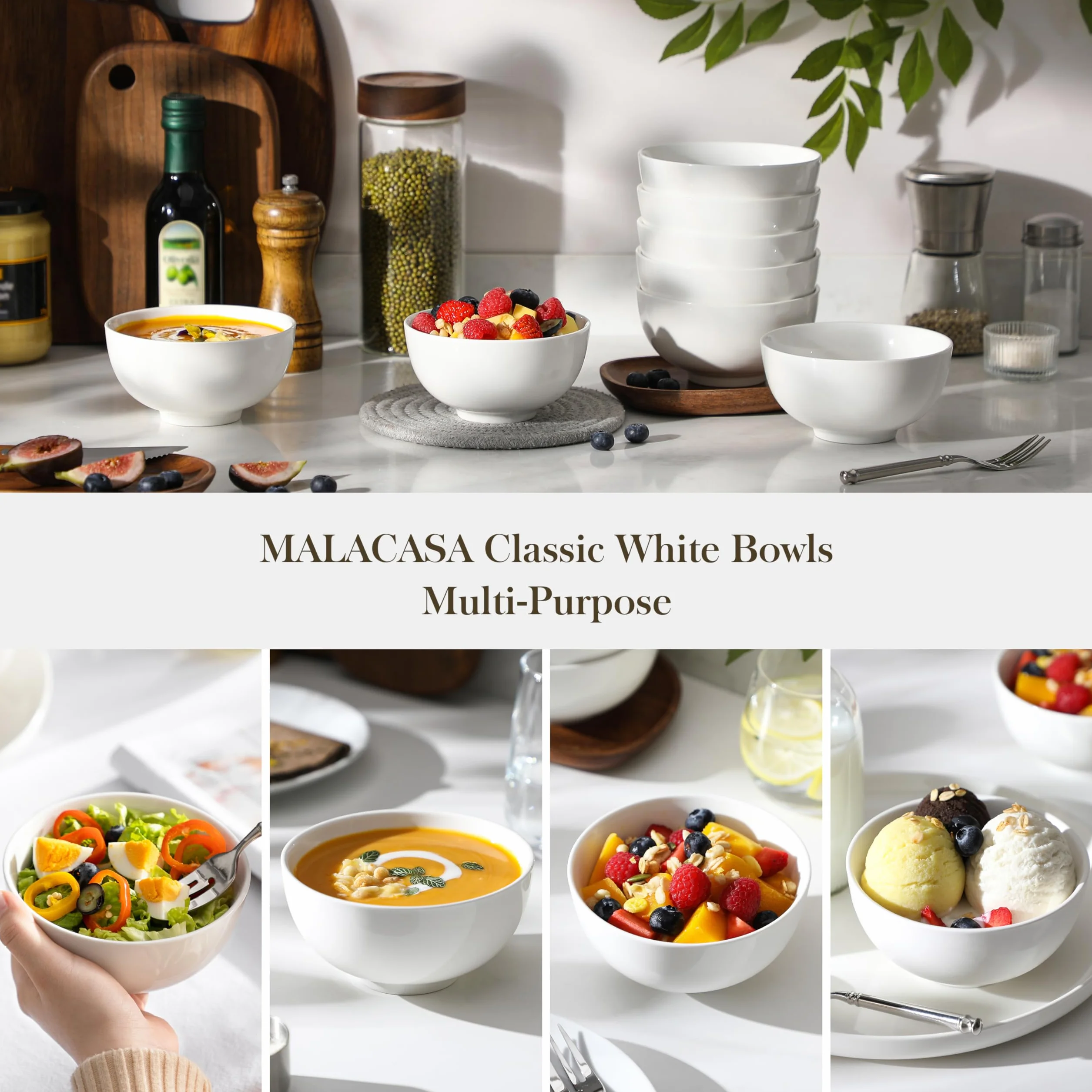 MALACASA, Seria regularna, zestaw 8 szt. 12,5 x 12,5 x 6,5/440 ml kremowo-biała porcelana miska do ryżu zupy zestaw misek na musli